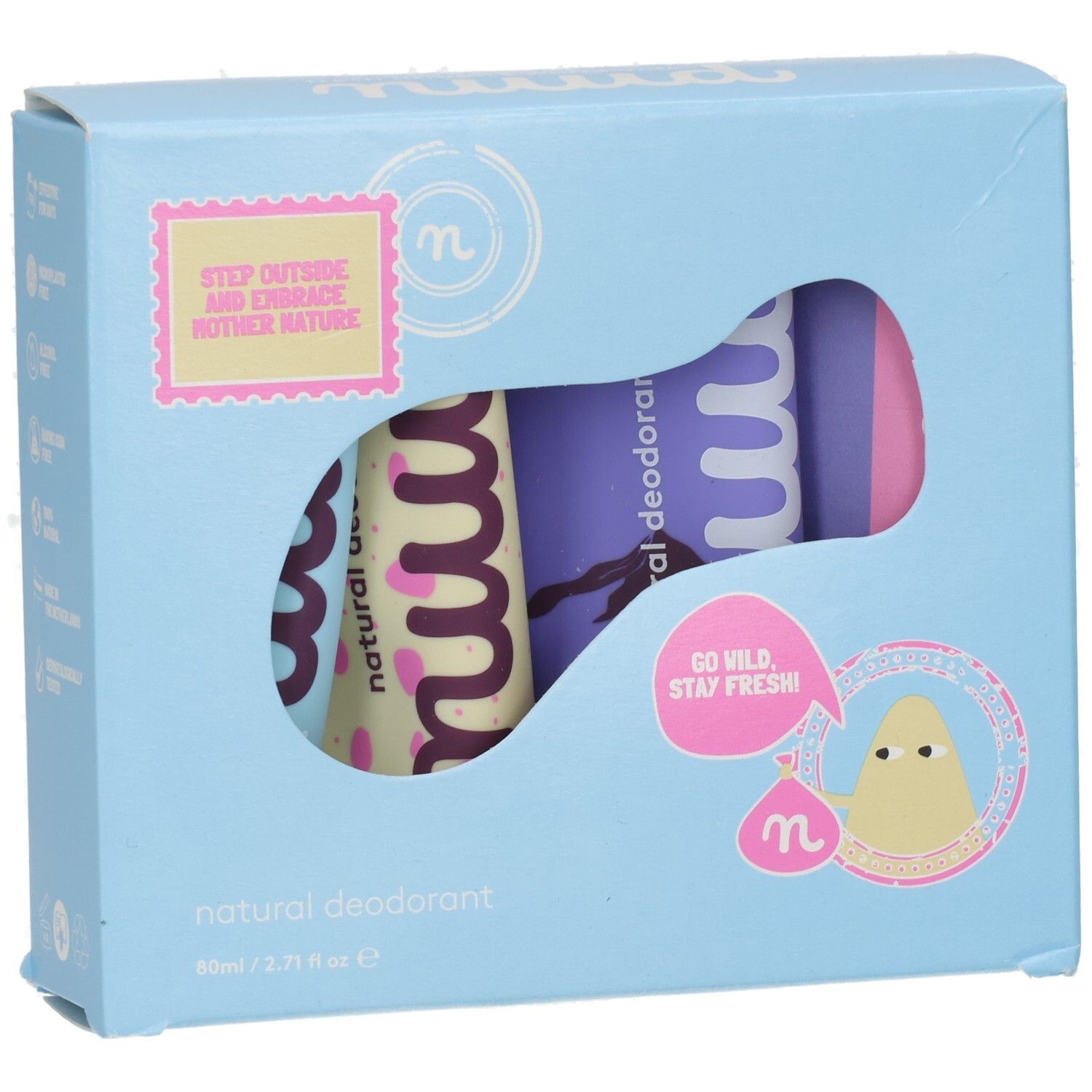 Hellblaue Geschenkbox mit Aussparung. Enthält mehrere Roll-on-Deodorants. Aufdrucke: "natural deodorant", "nuud", Illustrationen.