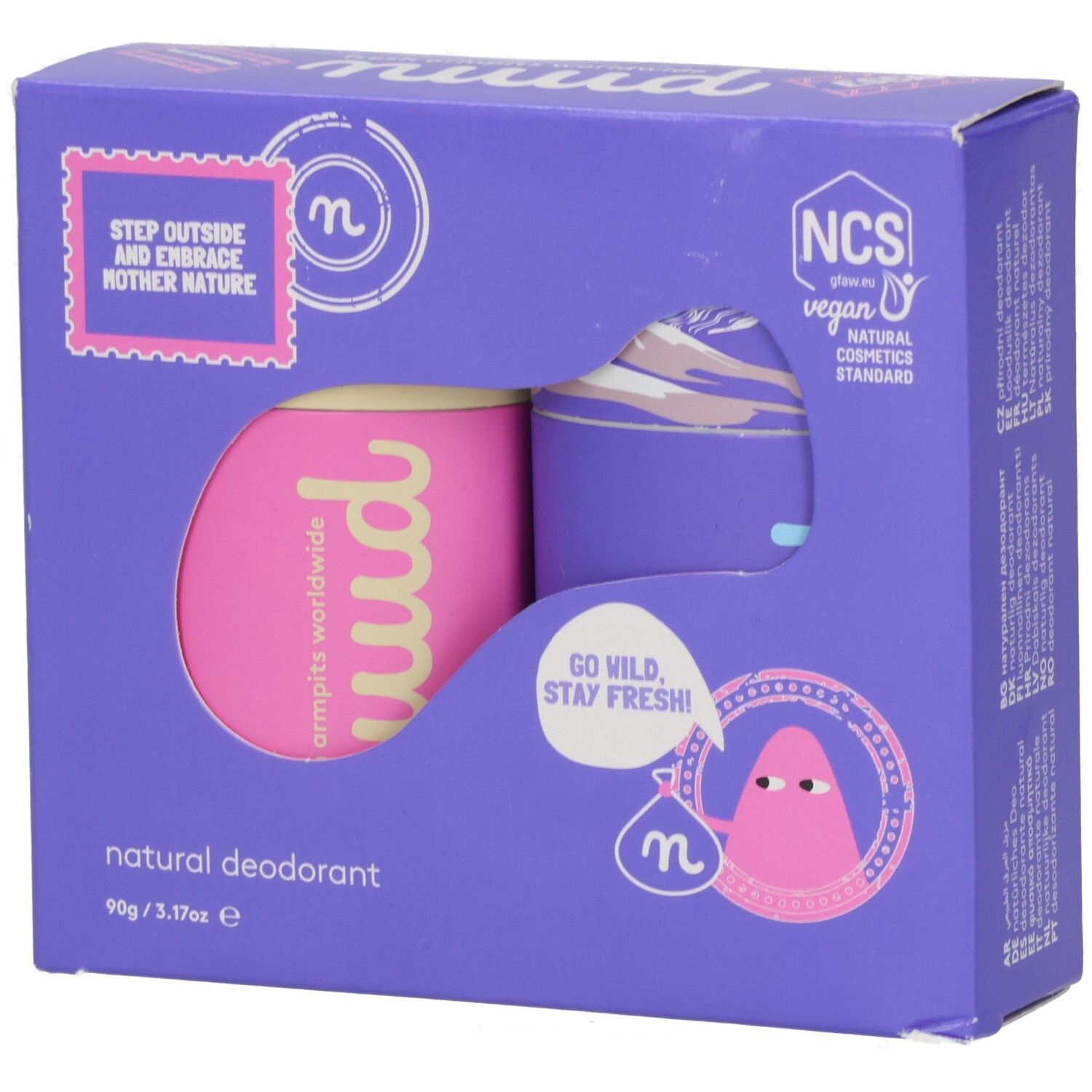 Lila Verpackung mit zwei Deodorant-Sticks. Pinkfarbener Stick mit "nuud"-Logo. NCS-Siegel.