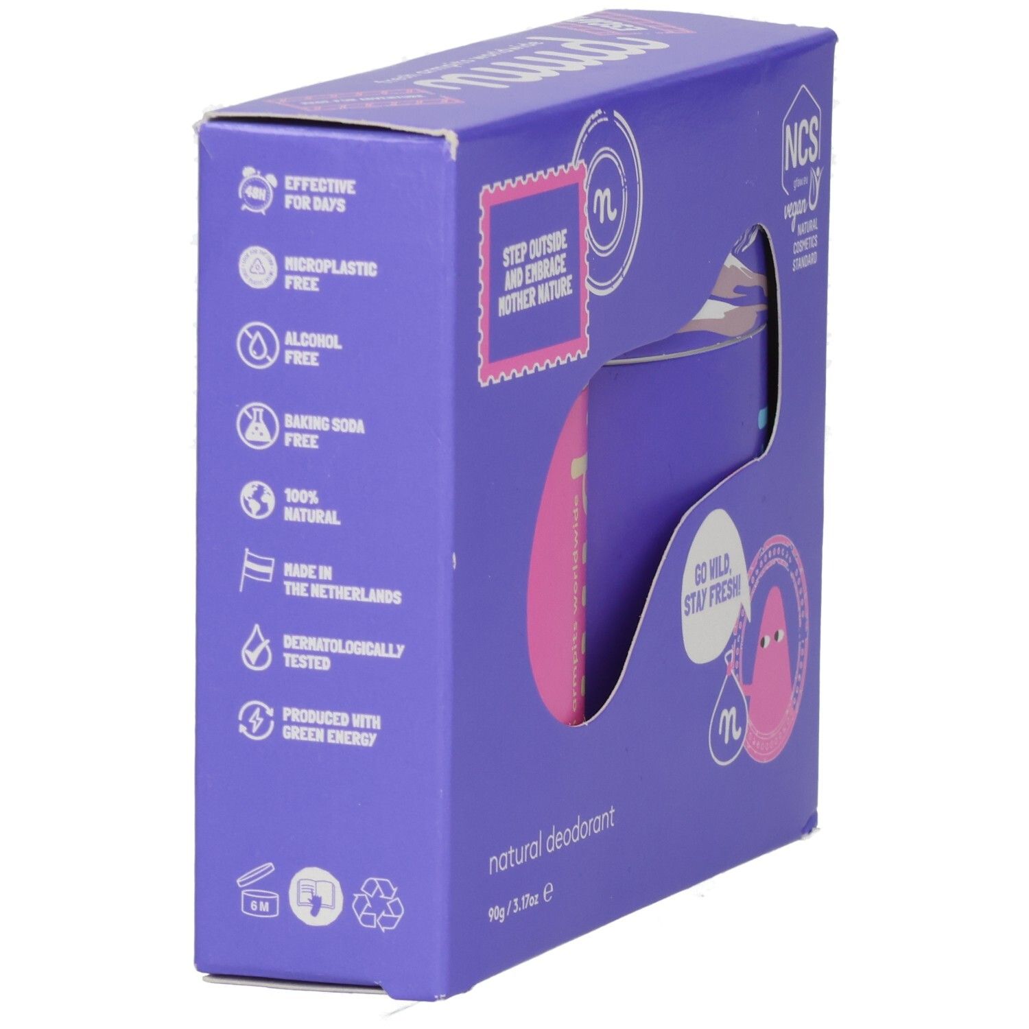 Lila Verpackung mit Text und Logos. Enthält Informationen über das Produkt und Zertifizierungen.