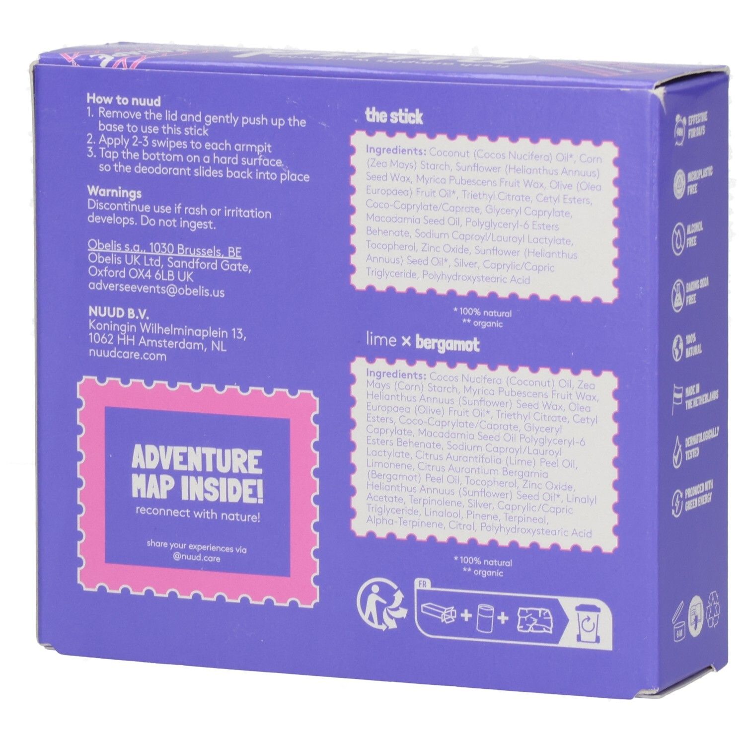 Rückseite der lila Verpackung. Enthält Inhaltsstoffe, Anweisungen und Kontaktinformationen.