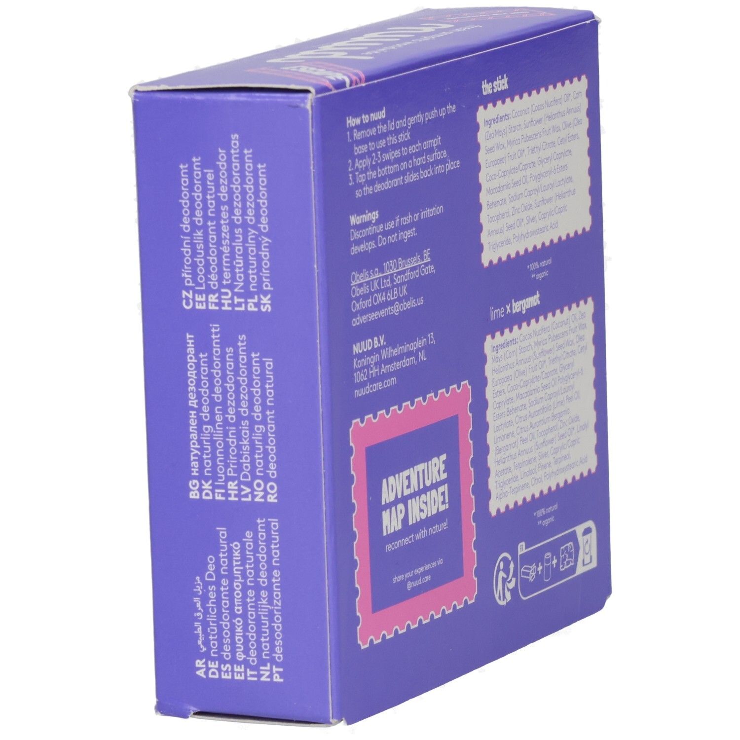 Rückseite der lila Verpackung. Mehrsprachige Produktinformationen und Kontaktinformationen.