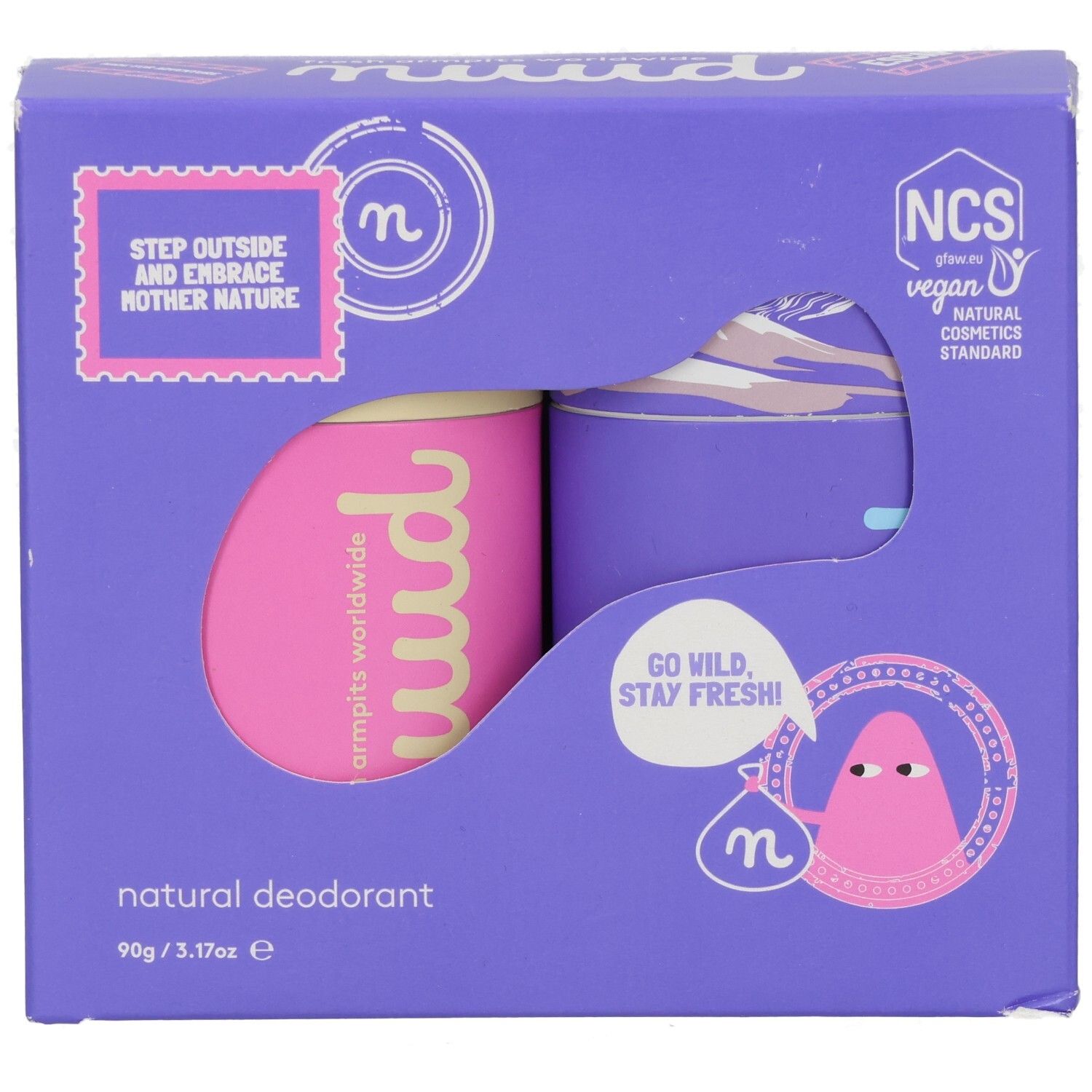 Lila Verpackung mit zwei Deodorant-Sticks. Pinkfarbener Stick mit "nuud"-Logo. NCS-Siegel.