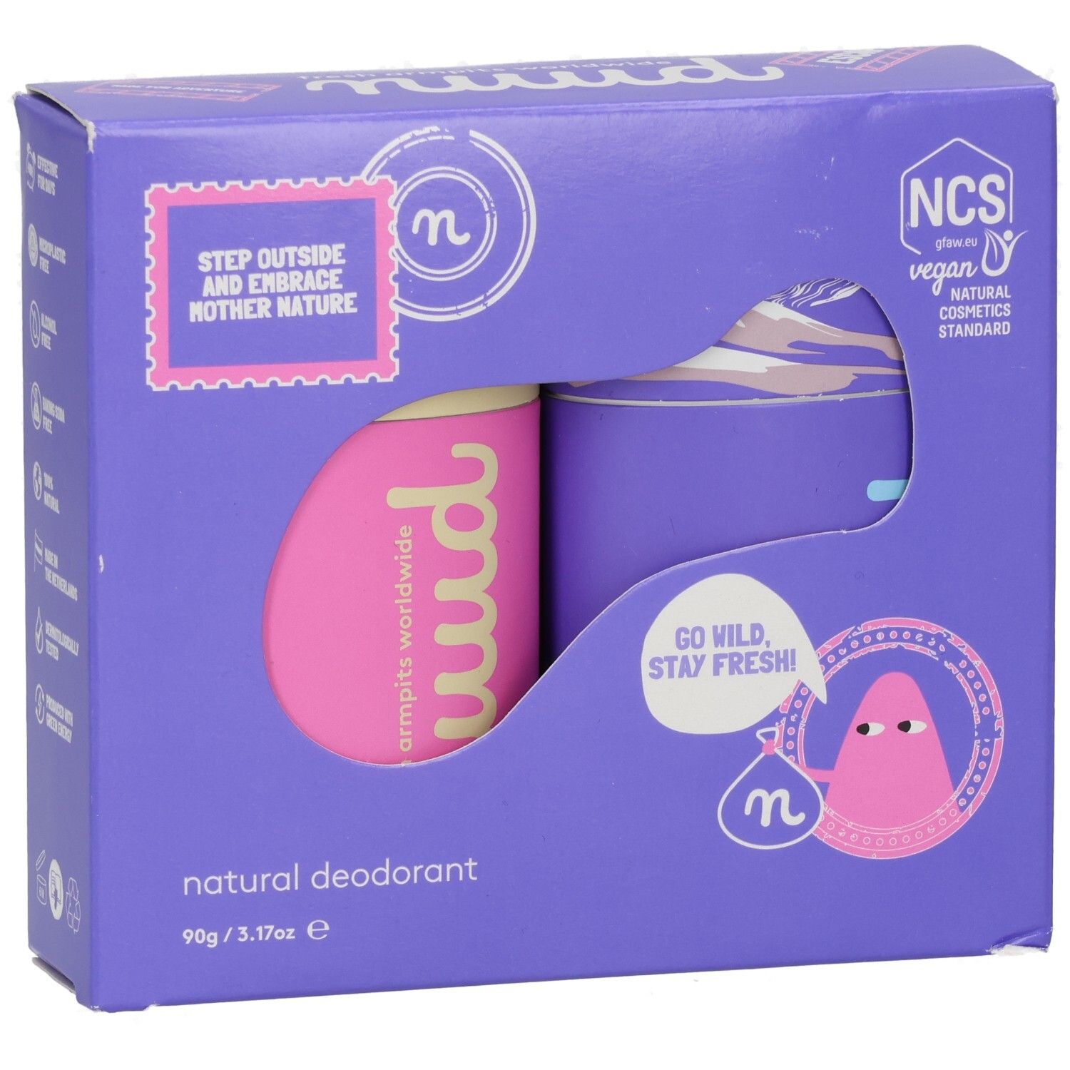 Lila Verpackung mit zwei Deodorant-Sticks. Pinkfarbener Stick mit "nuud"-Logo. NCS-Siegel.