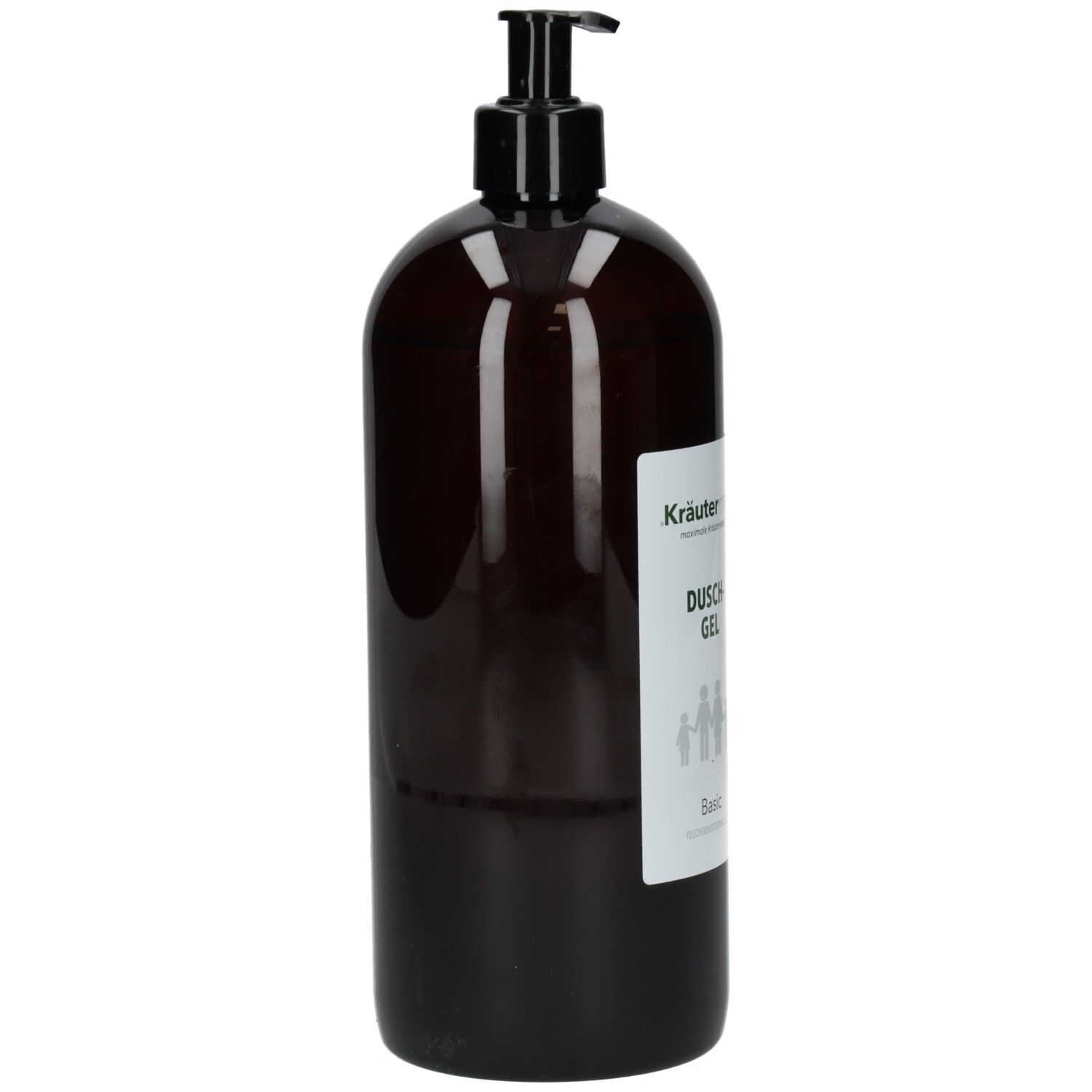 Braune Flasche mit schwarzem Pumpkopf. Etikett mit Produktinformationen. Kräutermax Duschgel Basic.