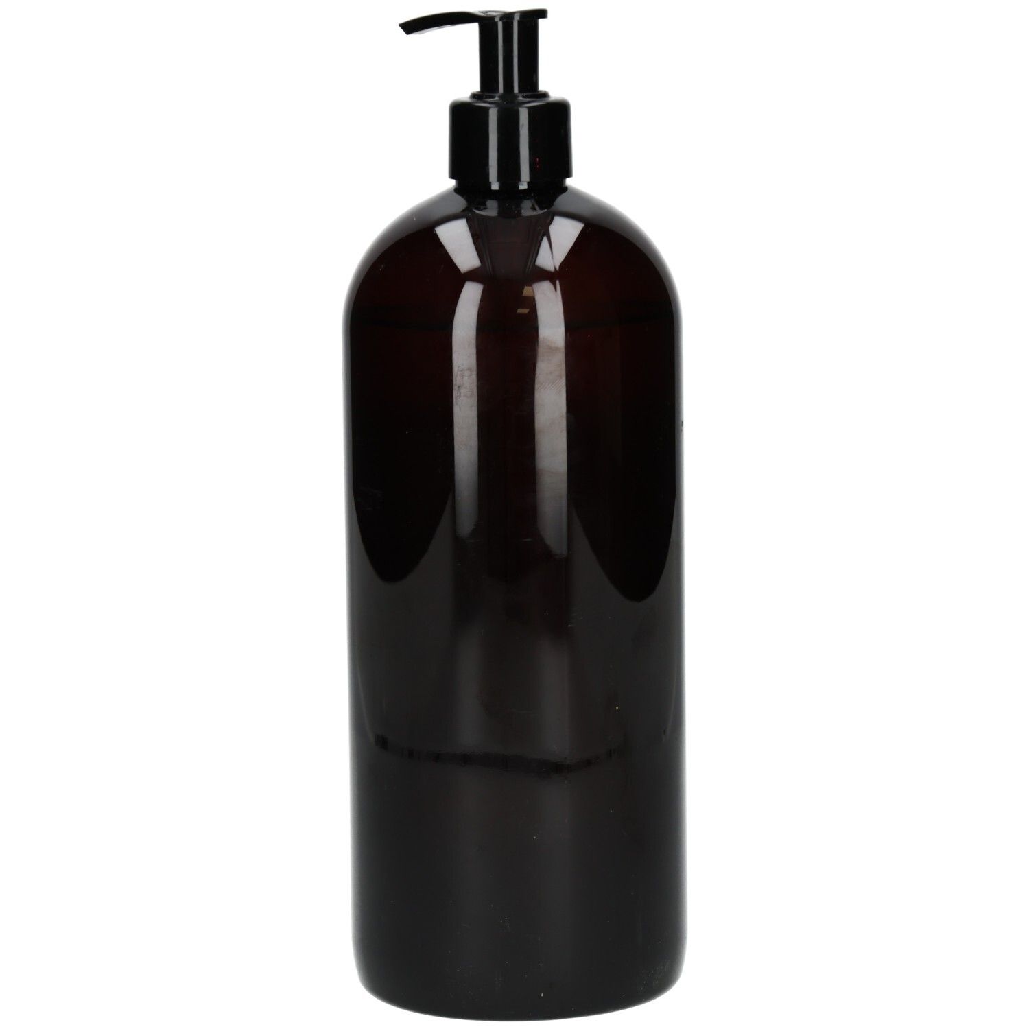 Braune Flasche mit schwarzem Pumpkopf. Kräutermax Duschgel Basic.