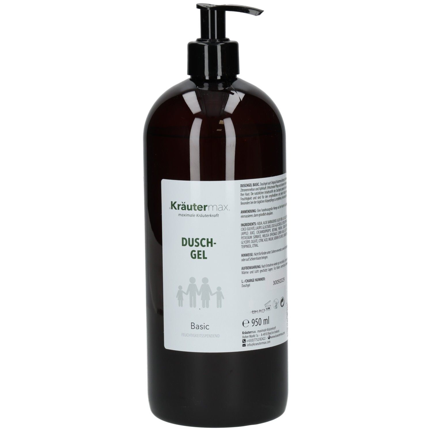 Braune Flasche mit schwarzem Pumpkopf. Etikett mit Produktinformationen. Kräutermax Duschgel Basic.