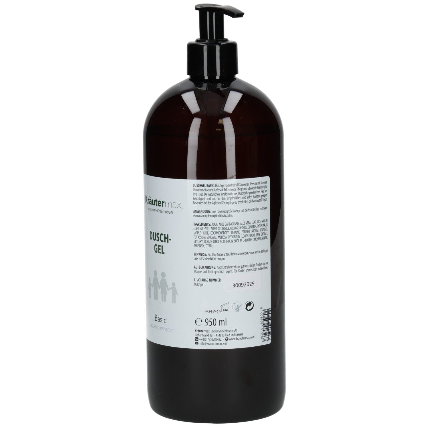 Braune Flasche mit schwarzem Pumpkopf. Etikett mit Produktinformationen. Kräutermax Duschgel Basic.
