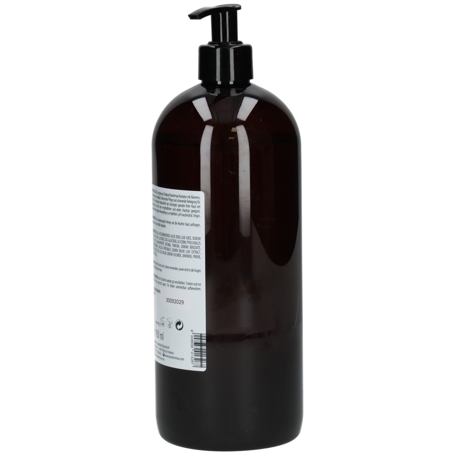 Braune Flasche mit schwarzem Pumpkopf. Etikett mit Produktinformationen. Kräutermax Duschgel Basic.