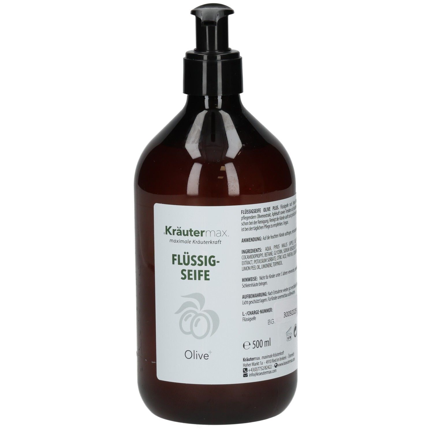Braune Flasche mit schwarzem Pumpkopf. Aufschrift: Kräutermax Flüssigseife Olive. Etikett mit Produktinformationen.