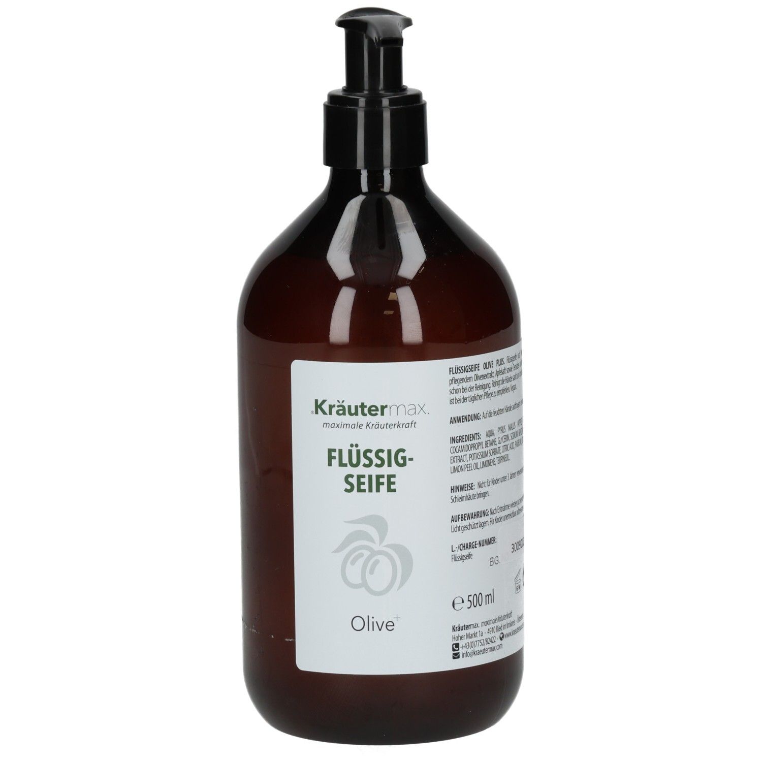 Braune Flasche mit schwarzem Pumpkopf. Aufschrift: Kräutermax Flüssigseife Olive. Etikett mit Produktinformationen.