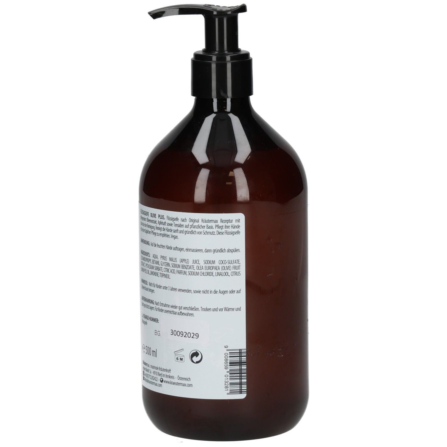 Braune Flasche mit schwarzem Pumpkopf. Etikett mit Produktinformationen, Inhaltsstoffen und Chargennummer.