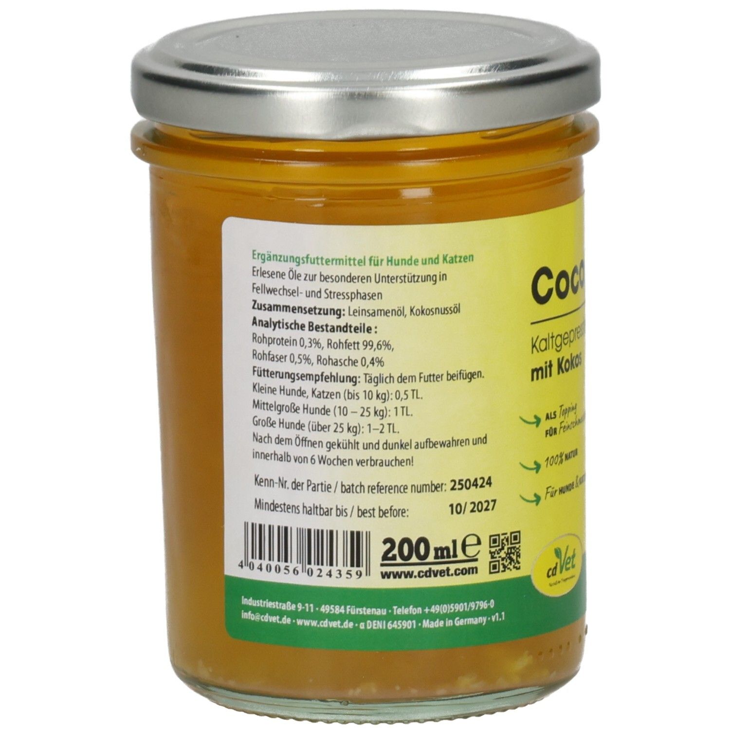 Rückseite eines Glases mit gelbem Öl. Etikett mit Informationen zu Inhaltsstoffen, Fütterungsempfehlung und Mindesthaltbarkeitsdatum. Metall-Deckel.