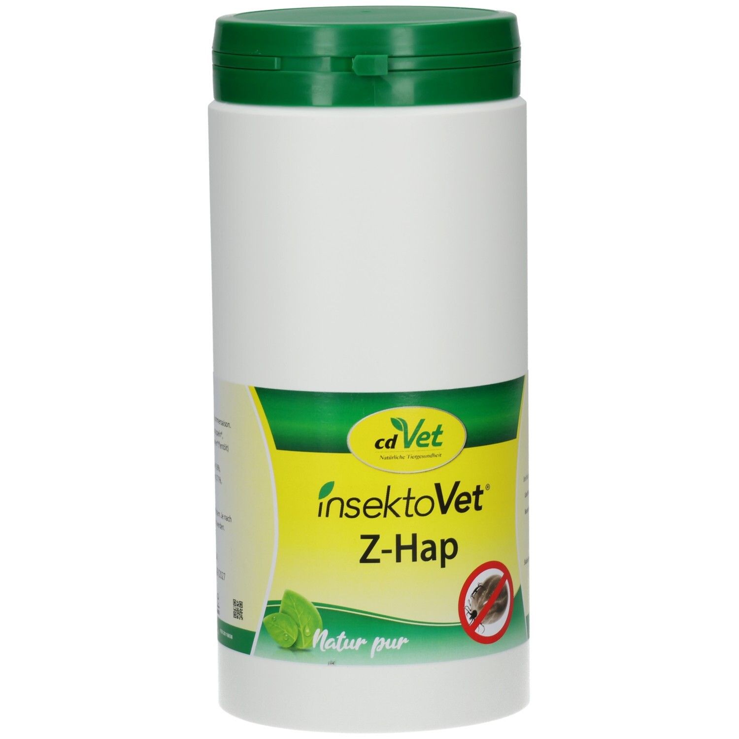 Weißer Behälter mit grünem Deckel. Aufkleber mit Produktname InsektoVet Z-Hap, Logo und Illustration. Natur pur.
