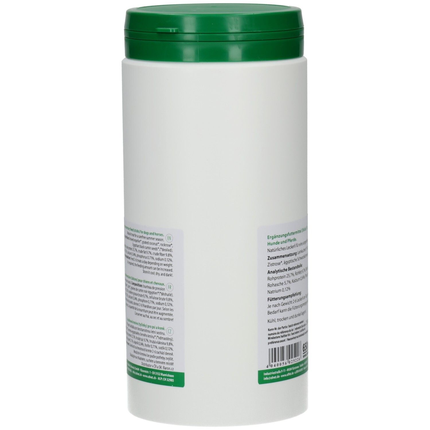 Weißer Behälter mit grünem Deckel. Aufkleber mit Produktinformationen, Inhaltsstoffen und analytischen Bestandteilen.