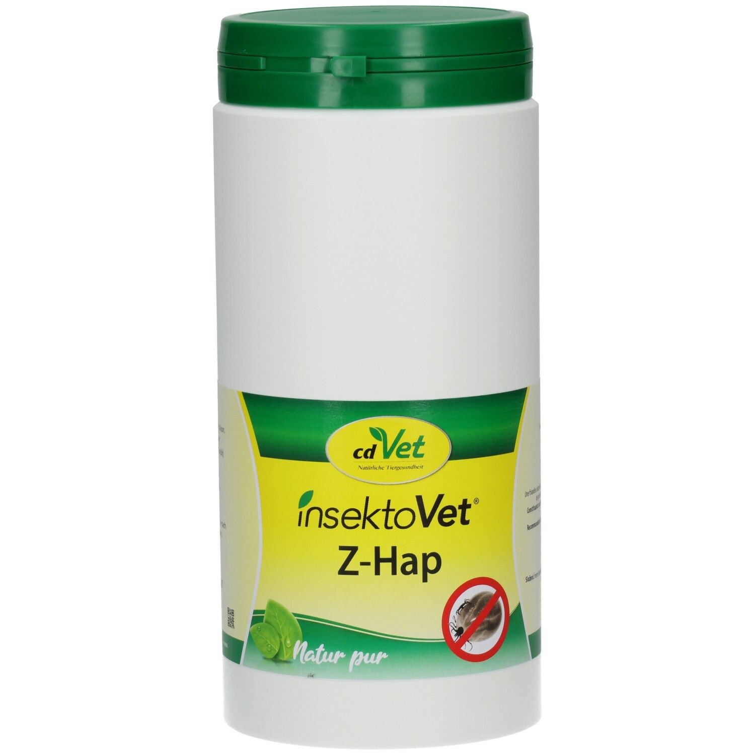 Weißer Behälter mit grünem Deckel. Aufkleber mit Produktname InsektoVet Z-Hap, Logo und Illustration. Natur pur.
