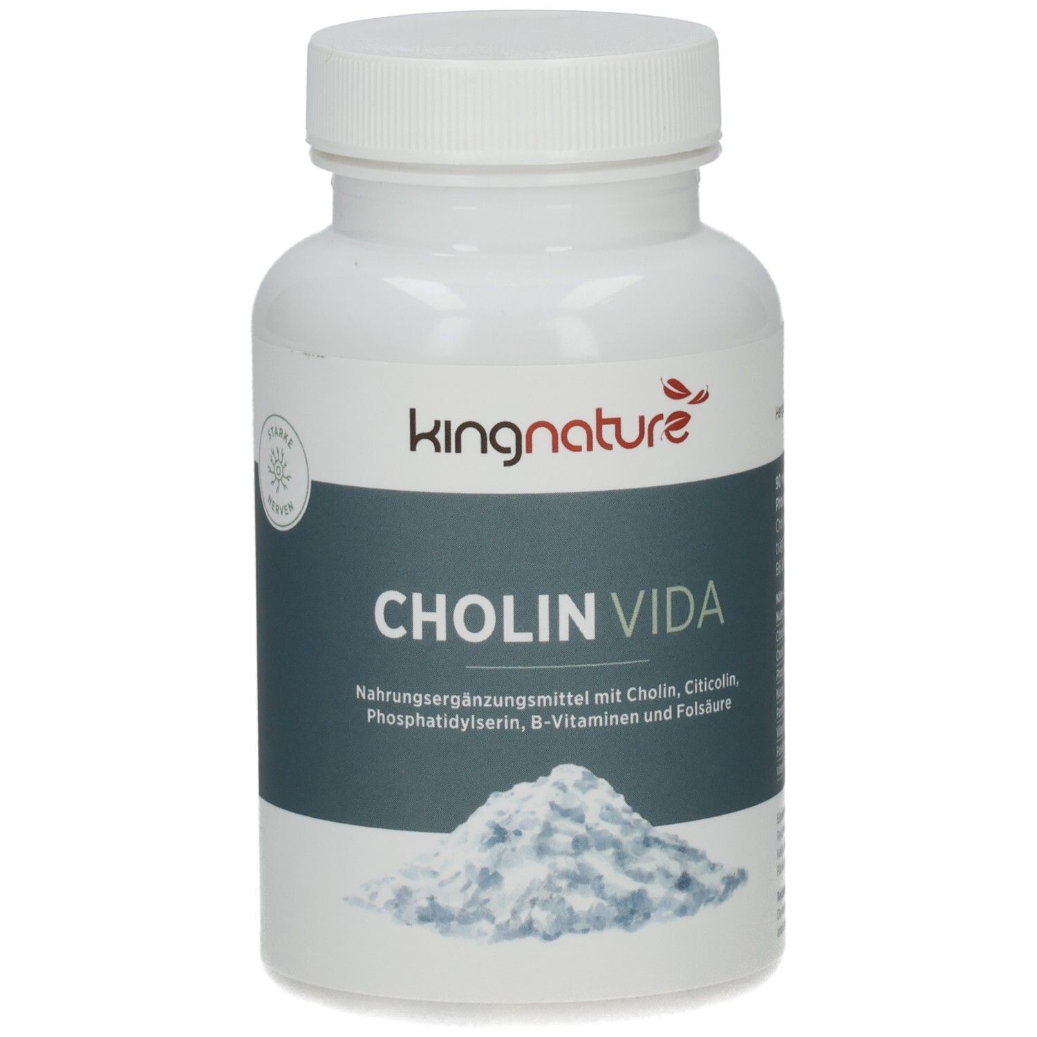 Weiße Flasche mit Schraubverschluss. Aufschrift: KINGNATURE, CHOLIN VIDA. Enthält Nahrungsergänzungsmittel.