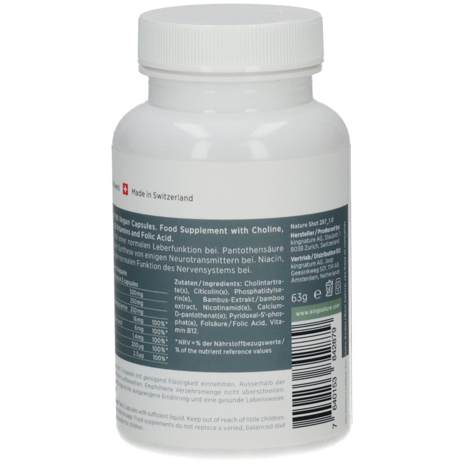 Rückseite der weißen Flasche. Enthält Informationen über Inhaltsstoffe und Nährwerte. Hergestellt in der Schweiz.