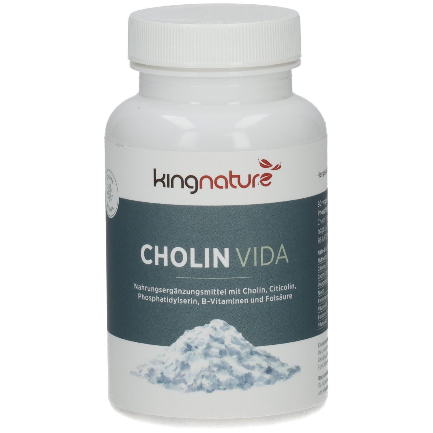 Weiße Flasche mit Schraubverschluss. Aufschrift: KINGNATURE, CHOLIN VIDA. Enthält 90 Kapseln.