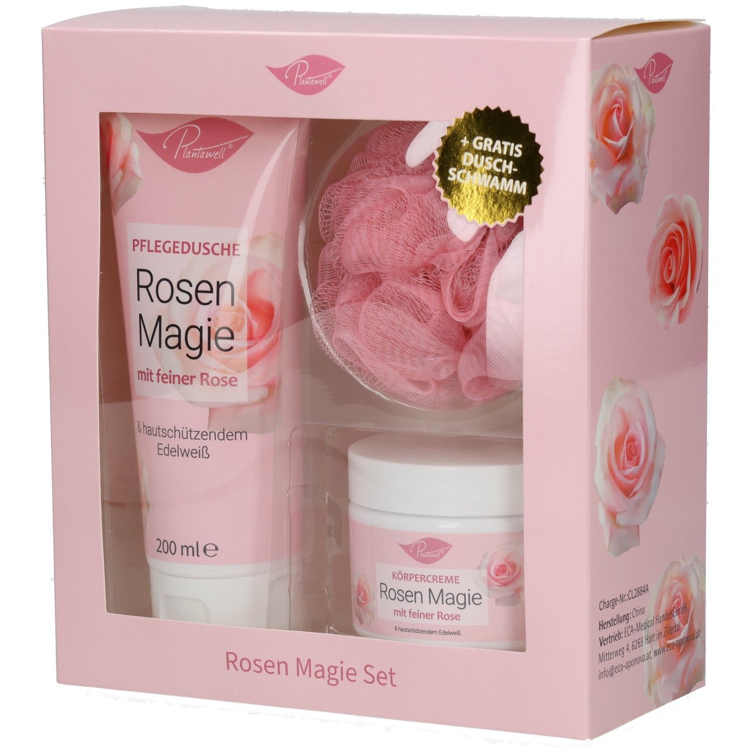 Rosa Geschenkbox mit Plantawell® Rosenmagie Set. Enthält Duschgel, Körpercreme und Badeschwamm. Sichtbare Schriftzüge.