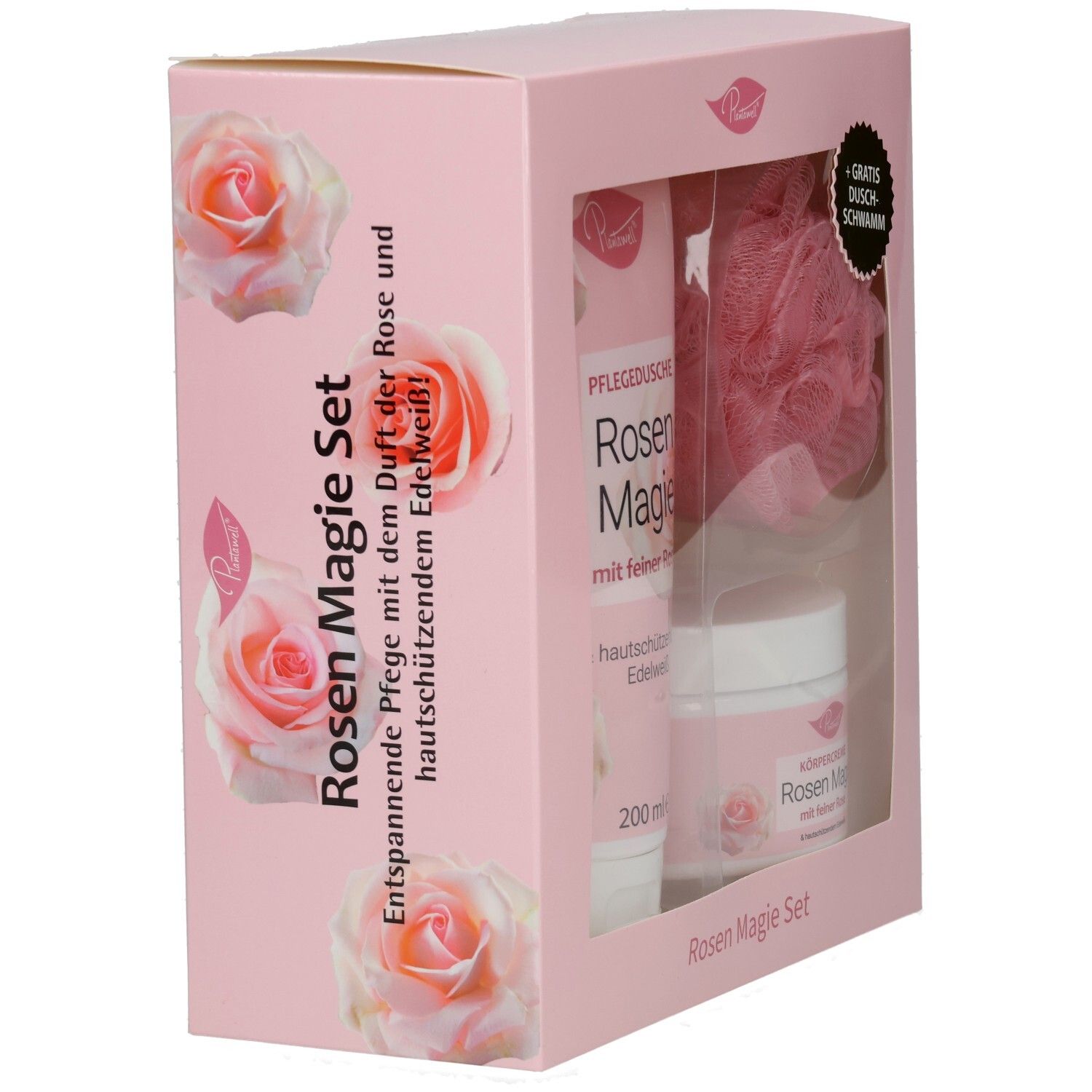 Plantawell® Rosenmagie Set in rosa Geschenkbox. Enthält Duschgel, Körpercreme und Badeschwamm. Rosen-Dekoration.