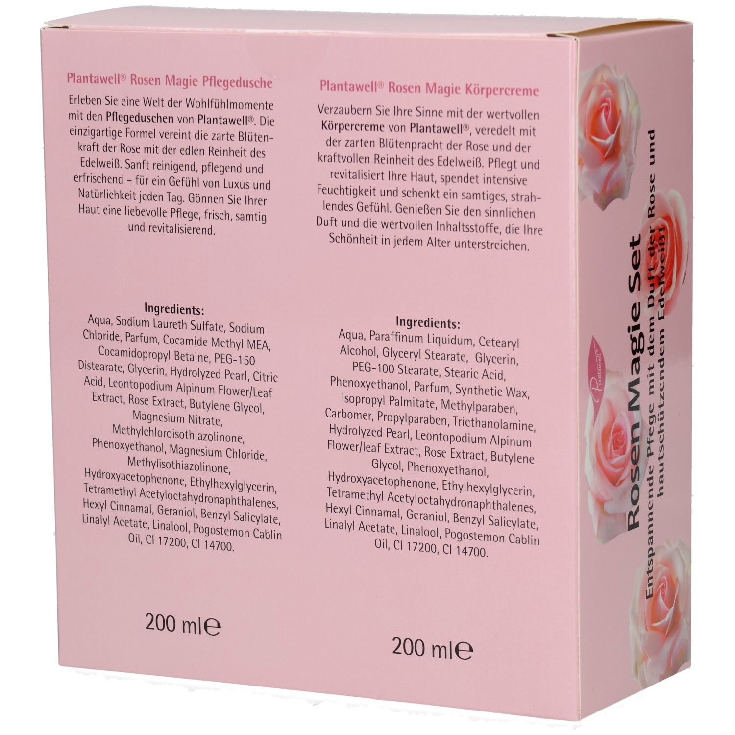 Rückseite der rosa Plantawell® Rosenmagie Set Box. Enthält Inhaltsstoffe und Produktbeschreibungen in Deutsch.
