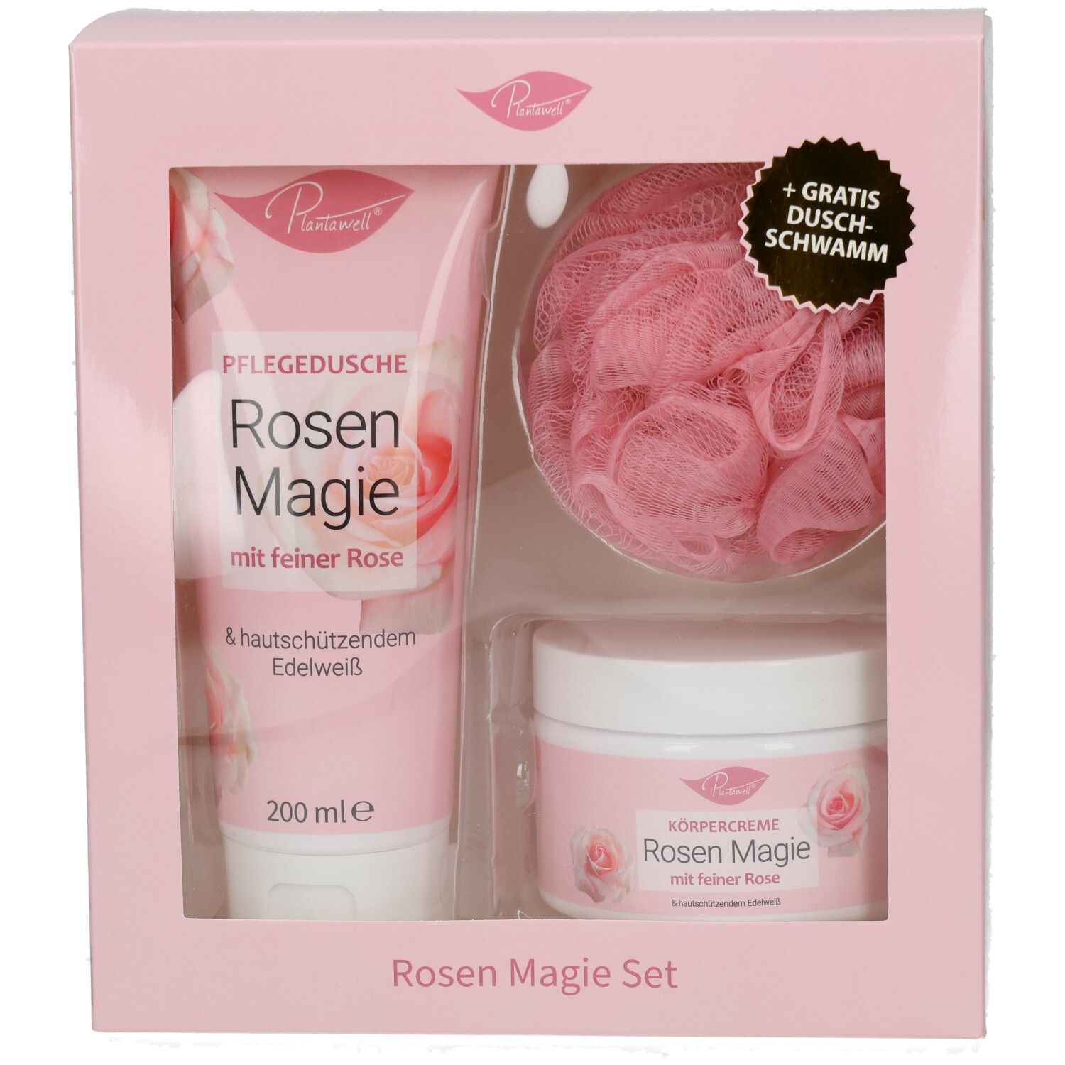 Rosa Plantawell® Rosenmagie Set. Enthält Duschgel, Körpercreme und Badeschwamm. Sichtbare Schriftzüge.