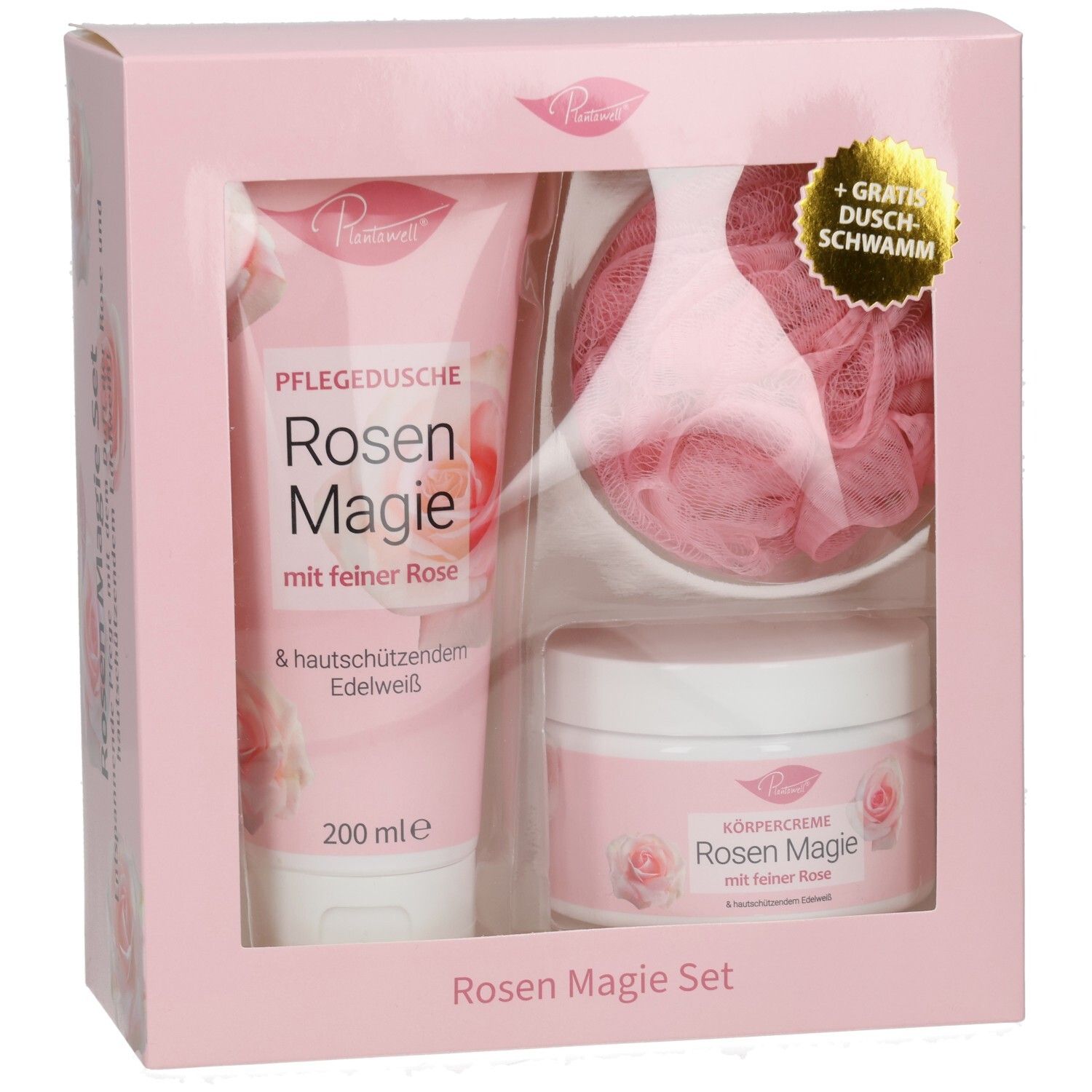 Rosa Plantawell® Rosenmagie Set. Enthält Duschgel, Körpercreme und Badeschwamm. Sichtbare Schriftzüge.
