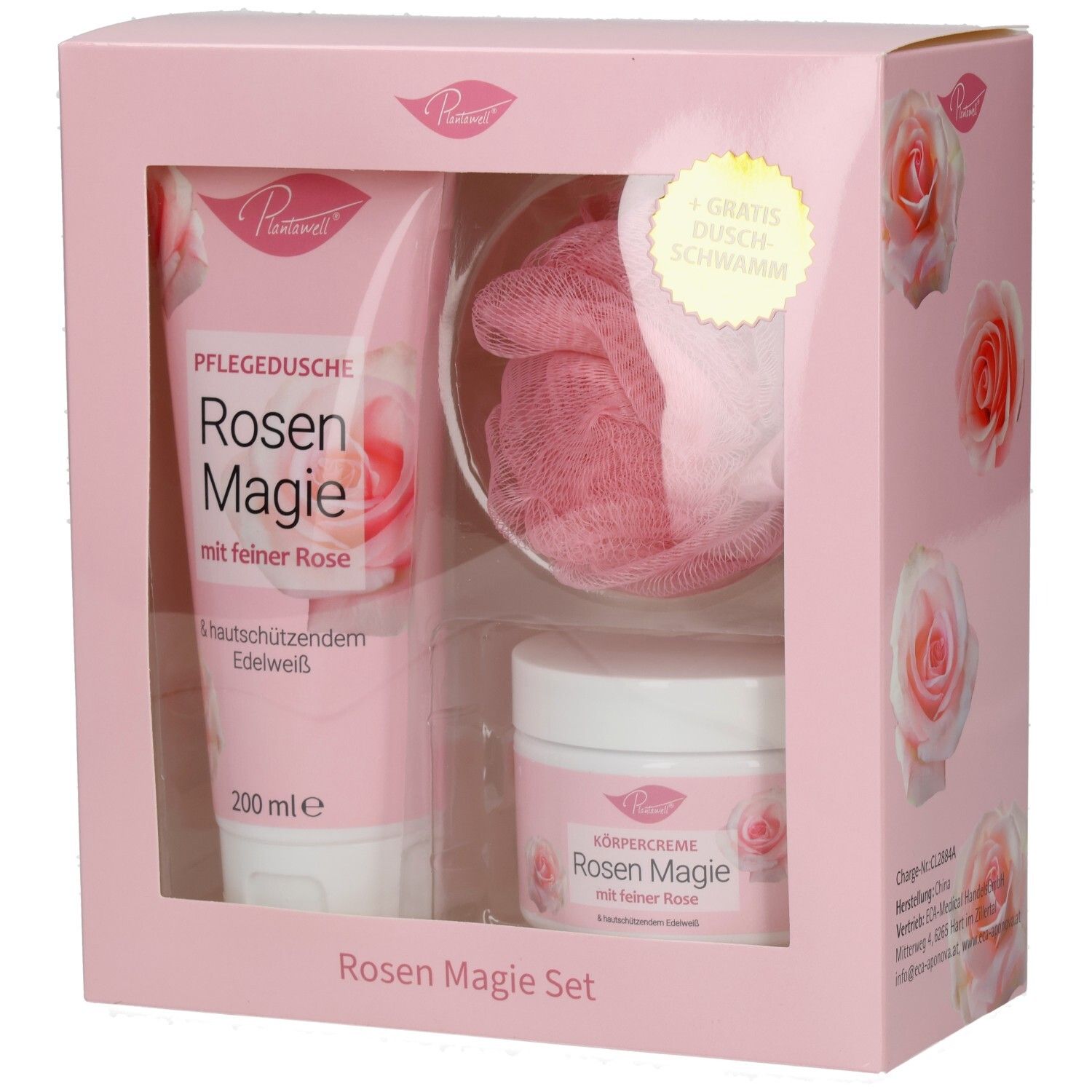 Geschenkset in rosa Box mit Duschgel, Körpercreme und Schwamm. Sichtfenster. Rosen-Magie-Design.