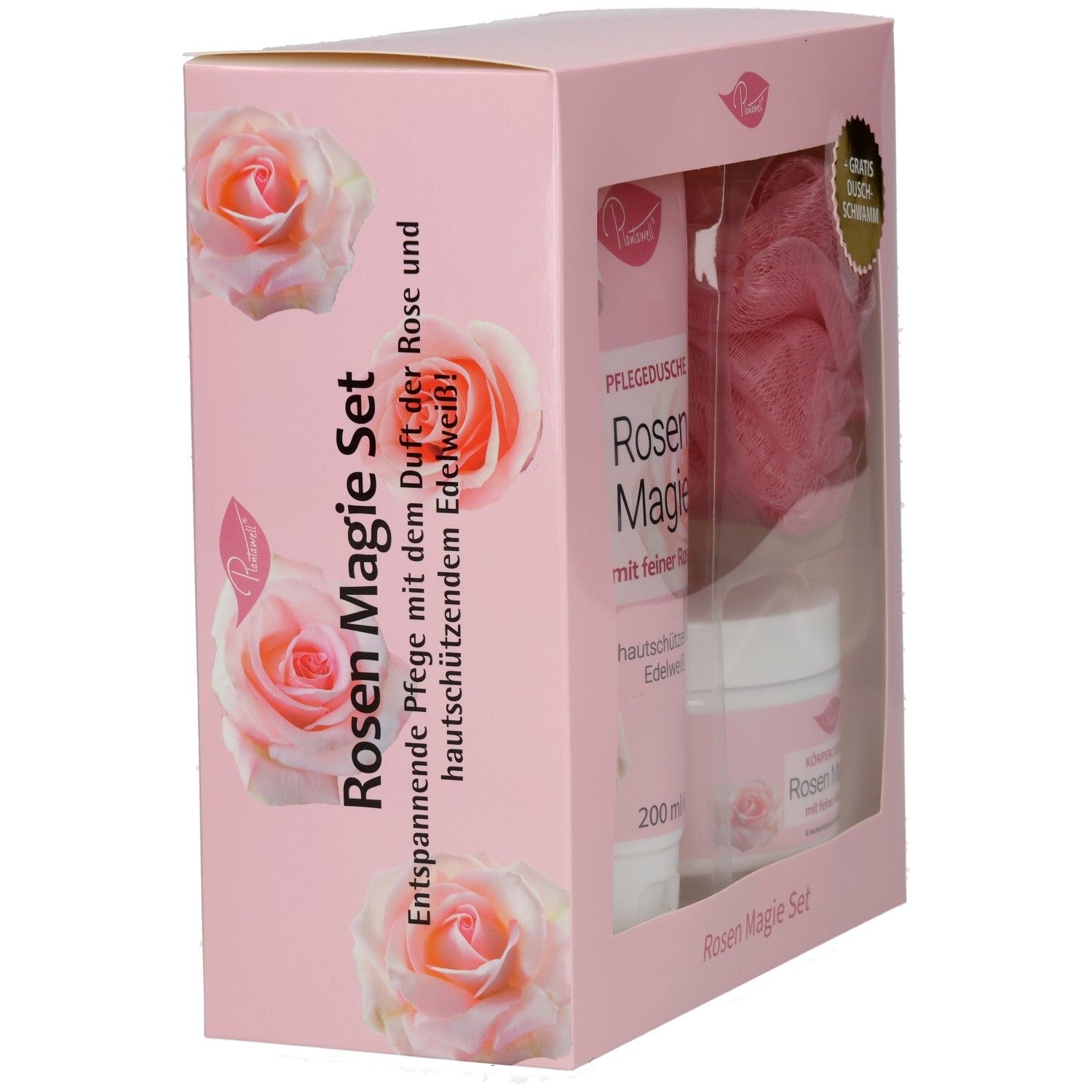 Rosa Geschenkbox mit Rosen-Magie-Design. Enthält Duschgel, Creme und Schwamm. Sichtfenster.