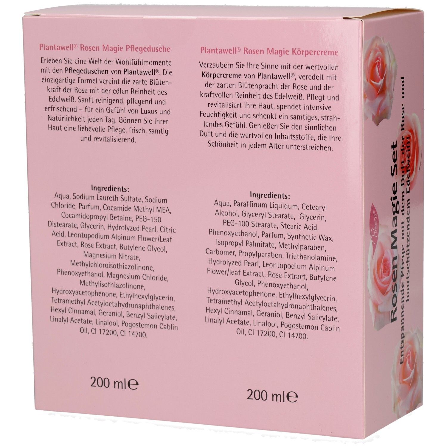 Rückseite der rosa Geschenkbox. Text mit Inhaltsstoffen und Produktinformationen. Rosen-Magie-Design.