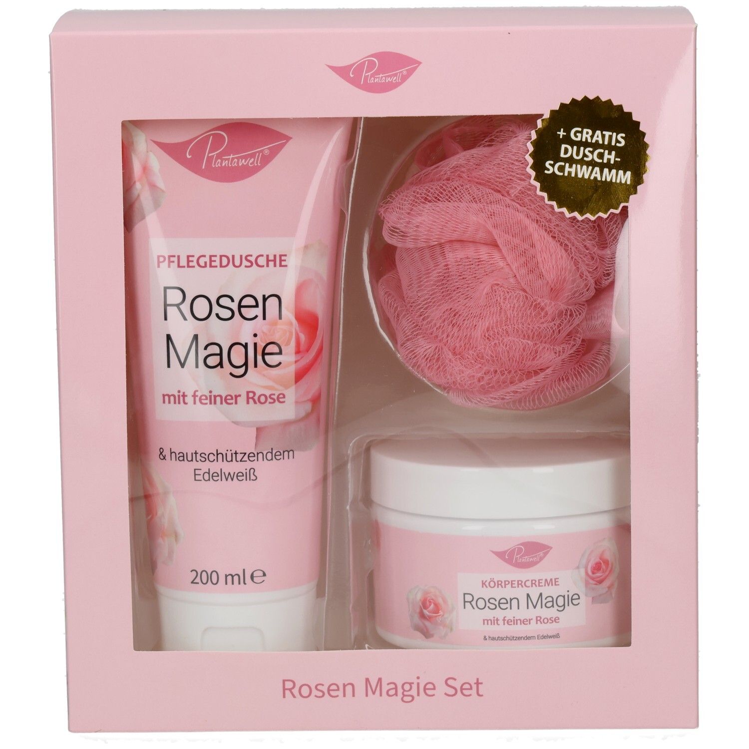 Geschenkset in rosa Box mit Duschgel, Körpercreme und Schwamm. Sichtfenster. Rosen-Magie-Design.