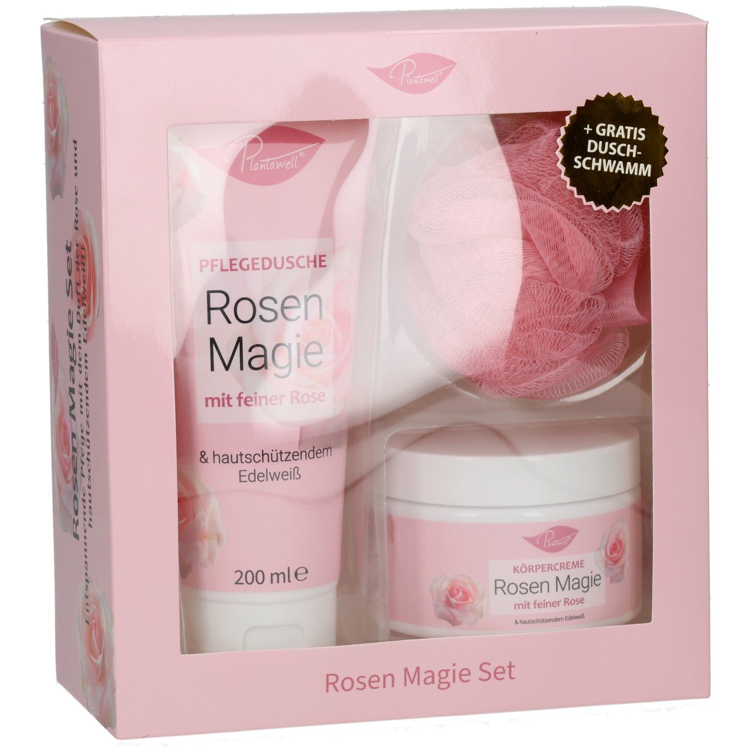 Geschenkset in rosa Box mit Duschgel, Körpercreme und Schwamm. Sichtfenster. Rosen-Magie-Design.