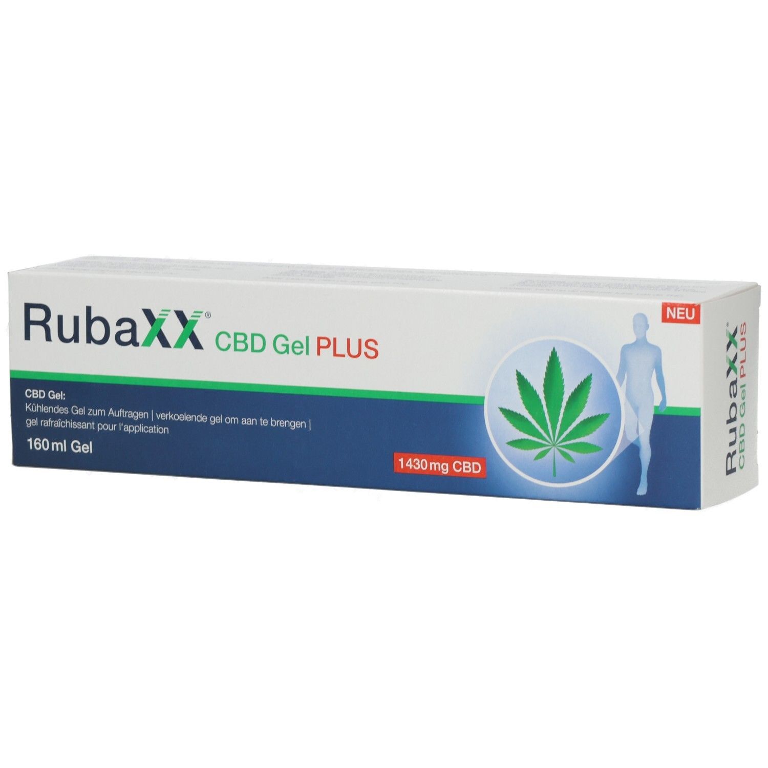 Verpackung von Rubaxx CBD Gel PLUS, 160 ml, mit Hanfblatt-Symbol und menschlicher Silhouette.