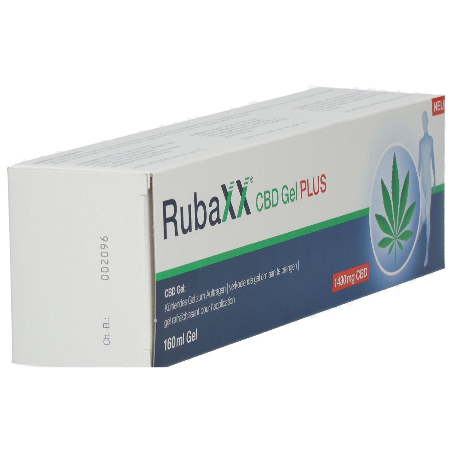 Verpackung von Rubaxx CBD Gel PLUS, 160 ml, von der Seite mit Chargennummer.