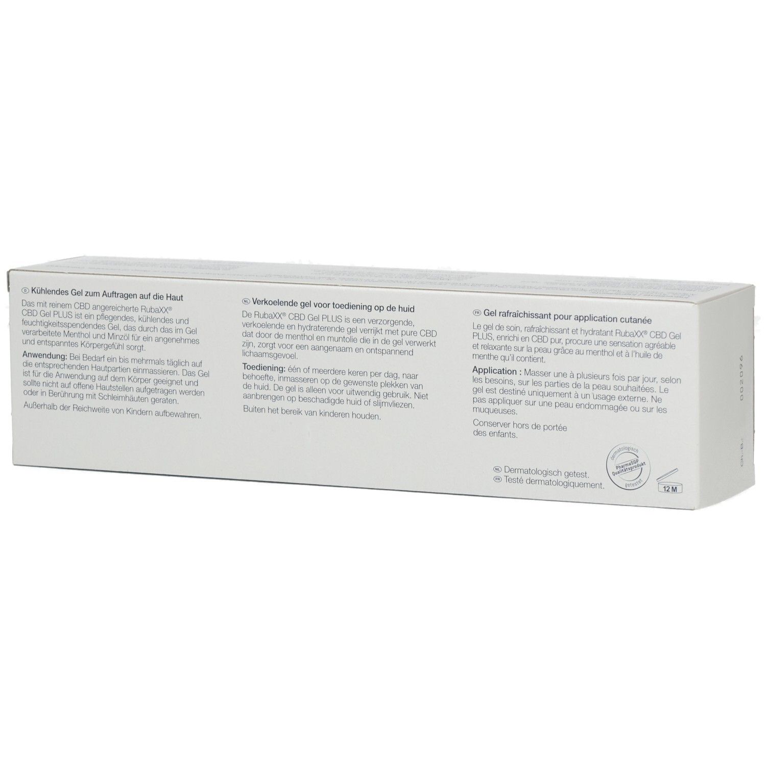 Rückseite der Rubaxx CBD Gel PLUS Verpackung mit Anwendungshinweisen und Inhaltsangaben.