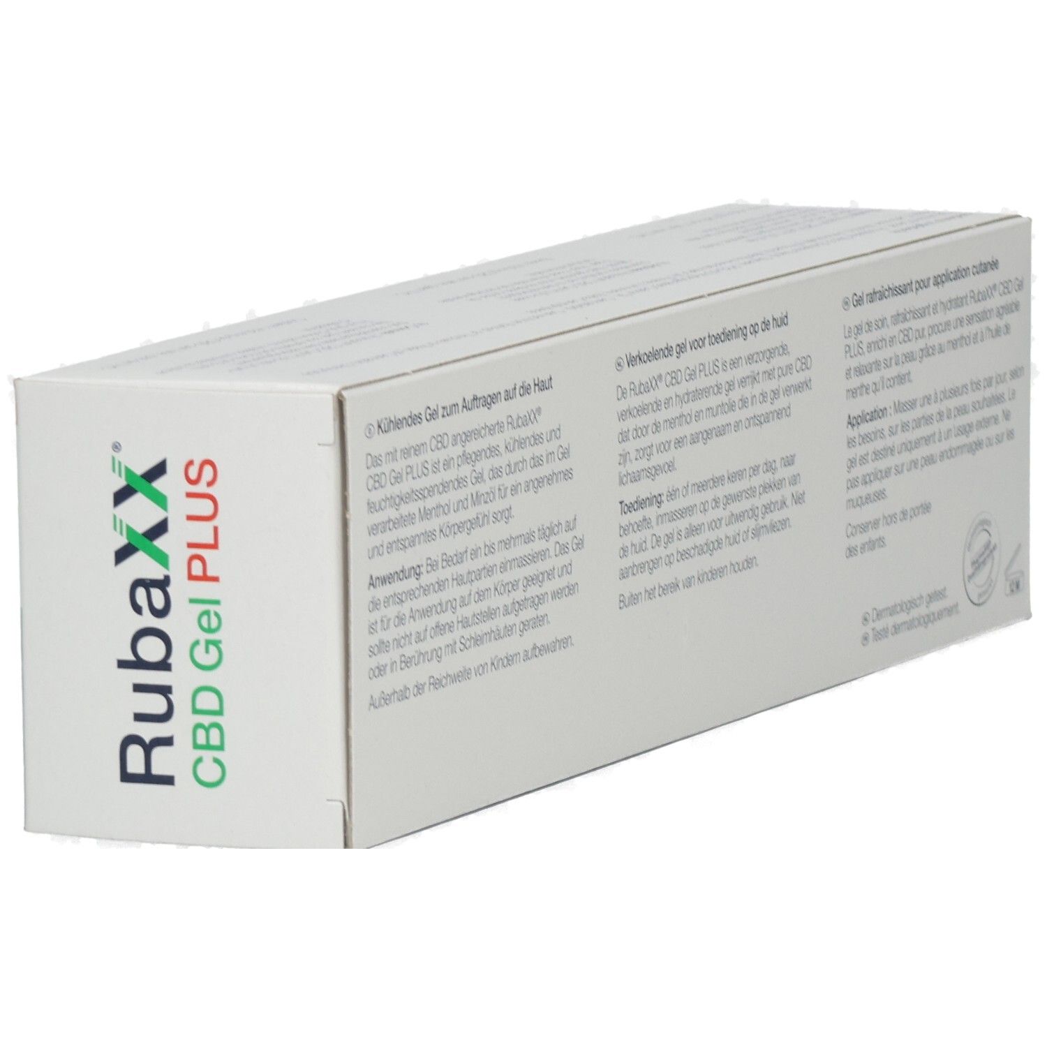 Verpackung von Rubaxx CBD Gel PLUS, 160 ml, schräg von vorne mit Textdetails.