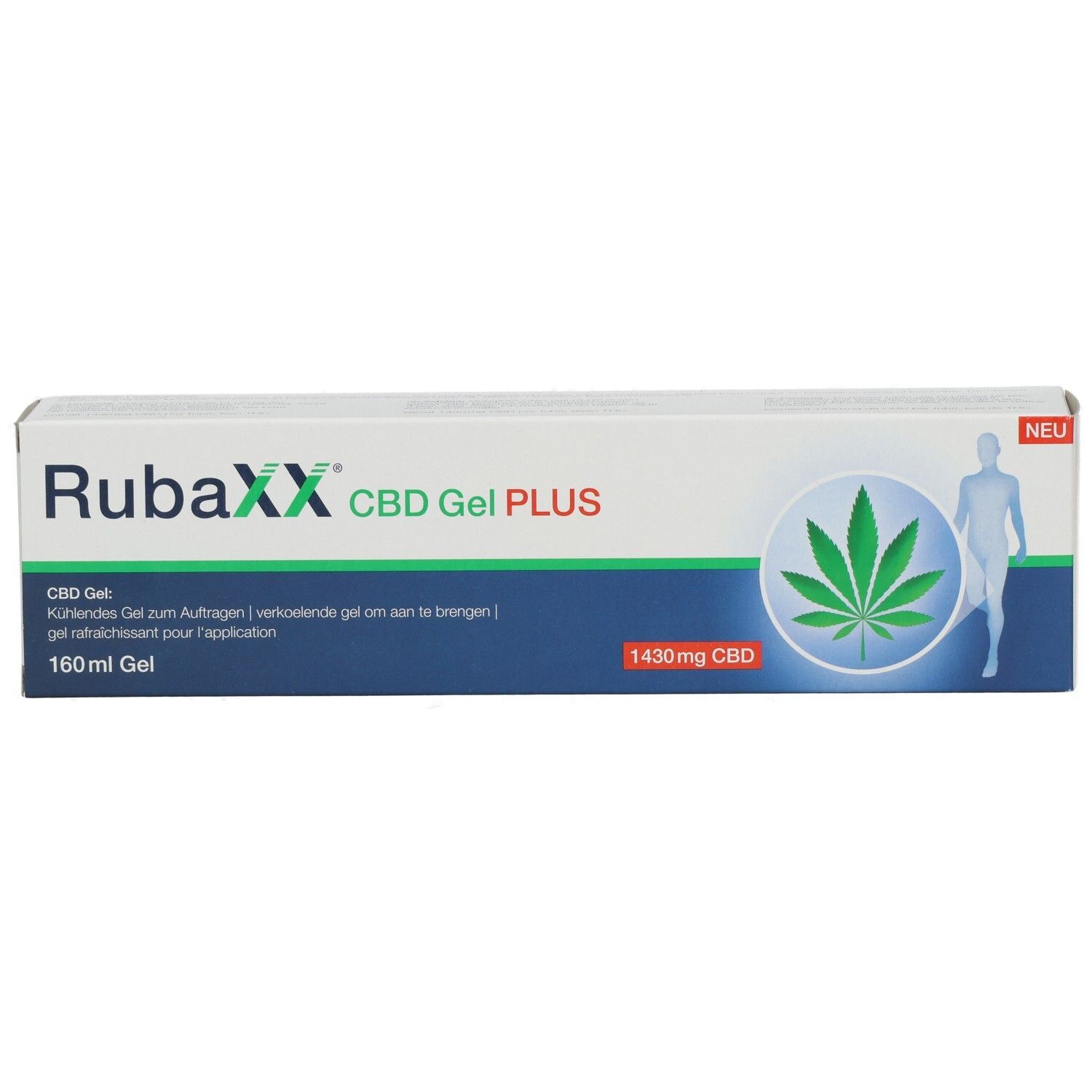 Verpackung von Rubaxx CBD Gel PLUS, 160 ml, mit Hanfblatt-Symbol und menschlicher Silhouette.