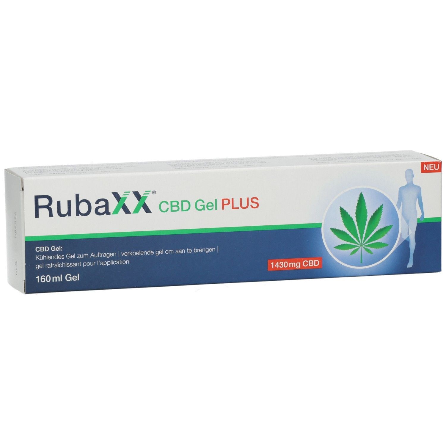 Verpackung von Rubaxx CBD Gel PLUS, 160 ml, mit Hanfblatt-Symbol und menschlicher Silhouette.