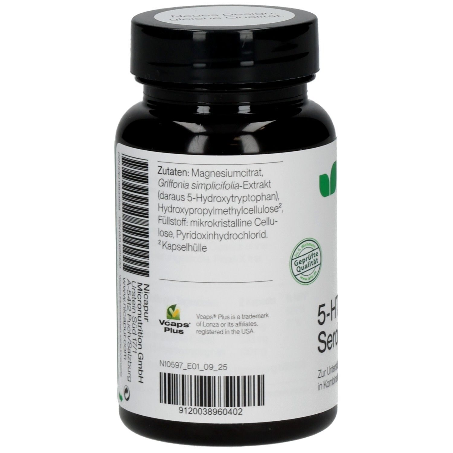 Rückseite der Flasche. Zutatenliste, Barcode, und Logo von nicapur. Siegel: Geprüfte Qualität.