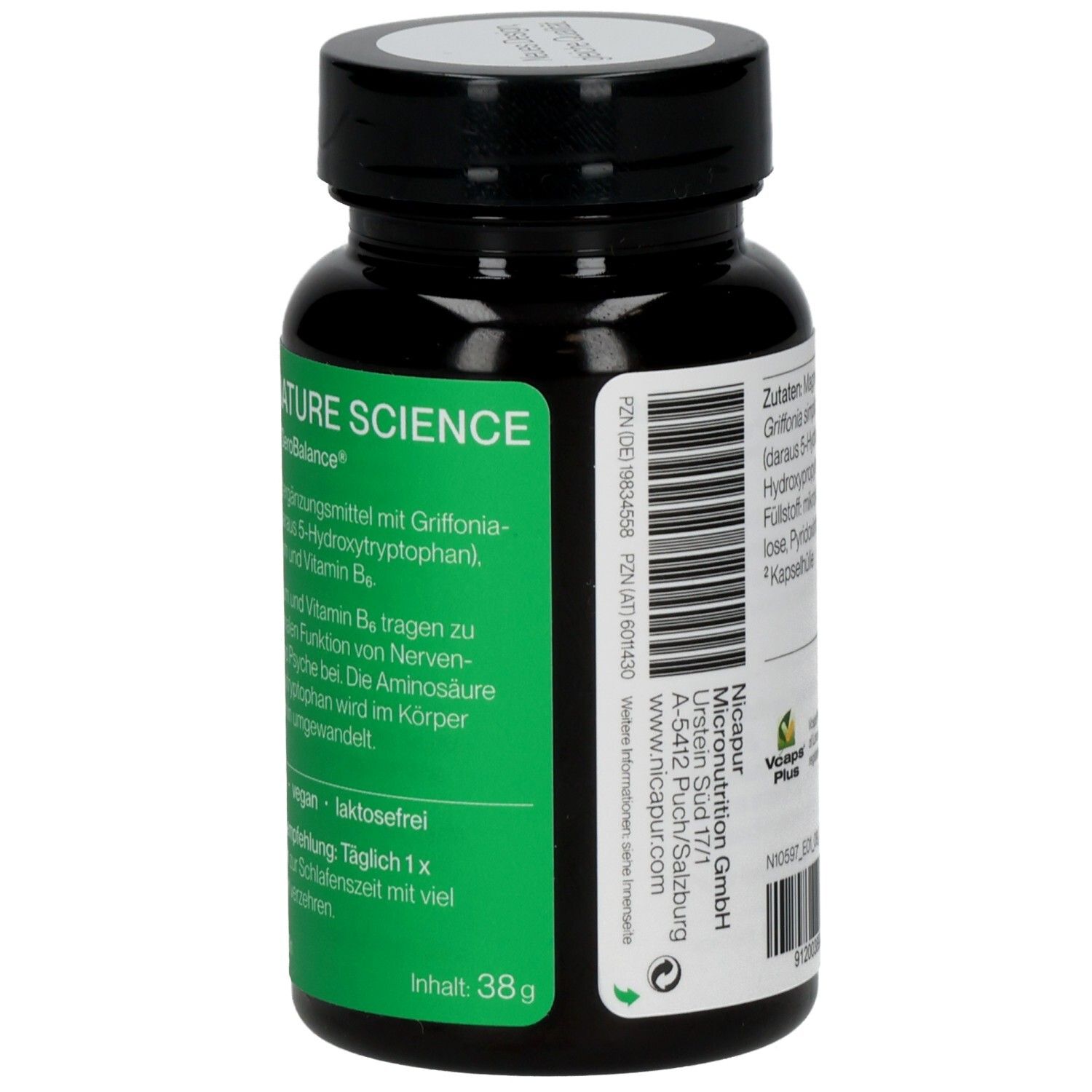 Grüne Seite der Flasche. Text: Signature Science, 5-HTP50 SeroBalance. Inhalt: 38g. Informationen zu Inhaltsstoffen.