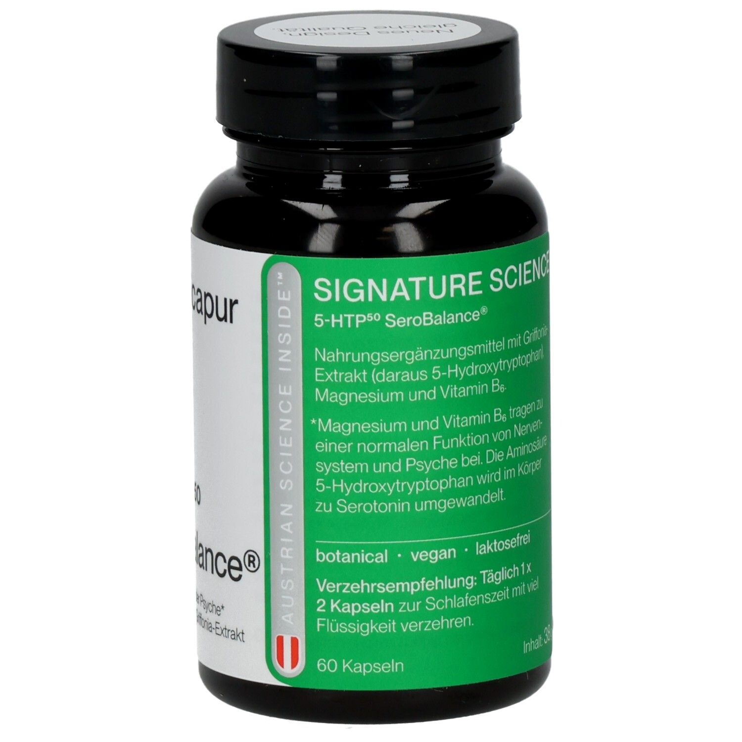 Schwarze Flasche mit weißem Etikett. Aufschrift: nicapur, 5-HTP50 SeroBalance. 60 Kapseln.