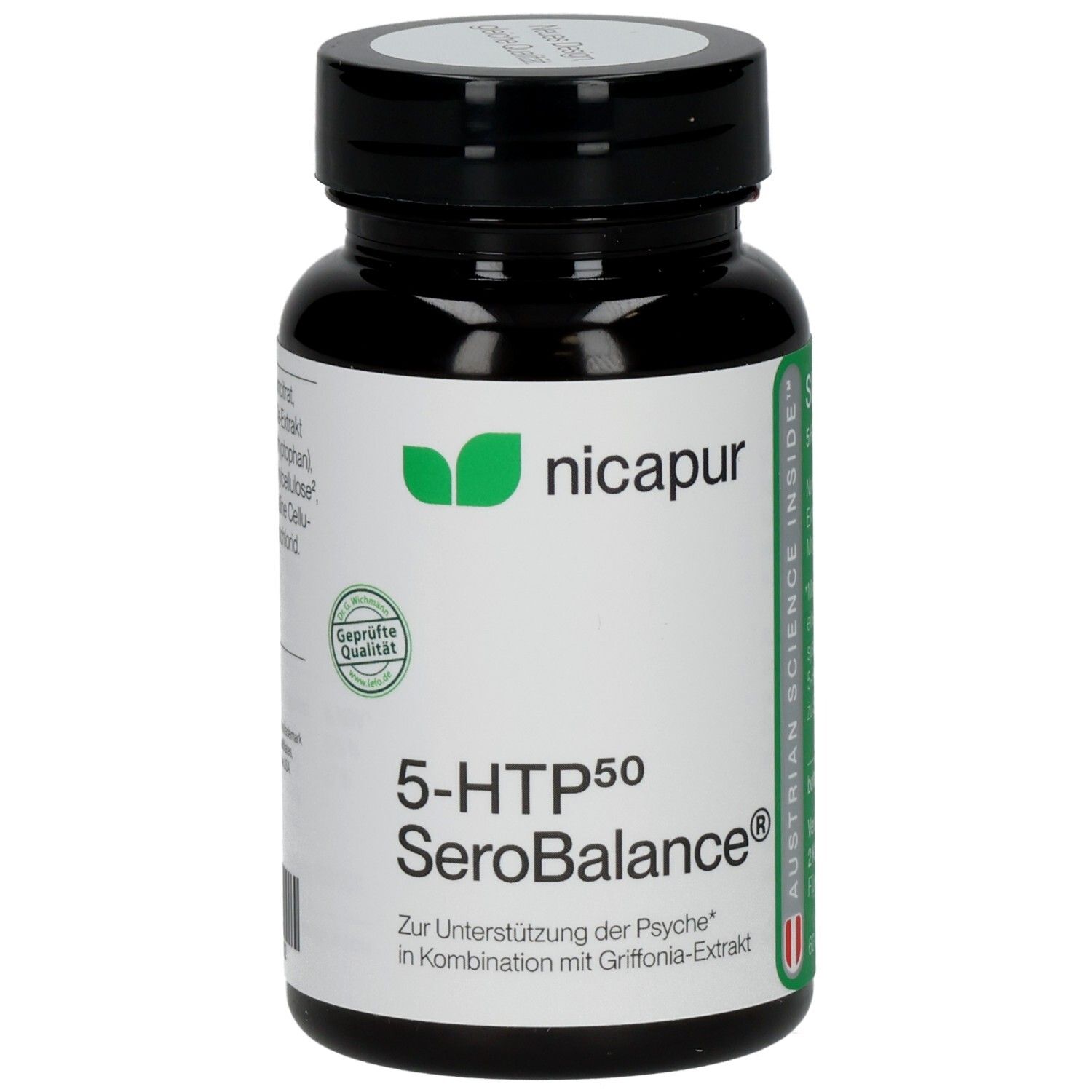 Schwarze Flasche mit weißem Etikett. Aufschrift: nicapur, 5-HTP50 SeroBalance. Siegel: Geprüfte Qualität.