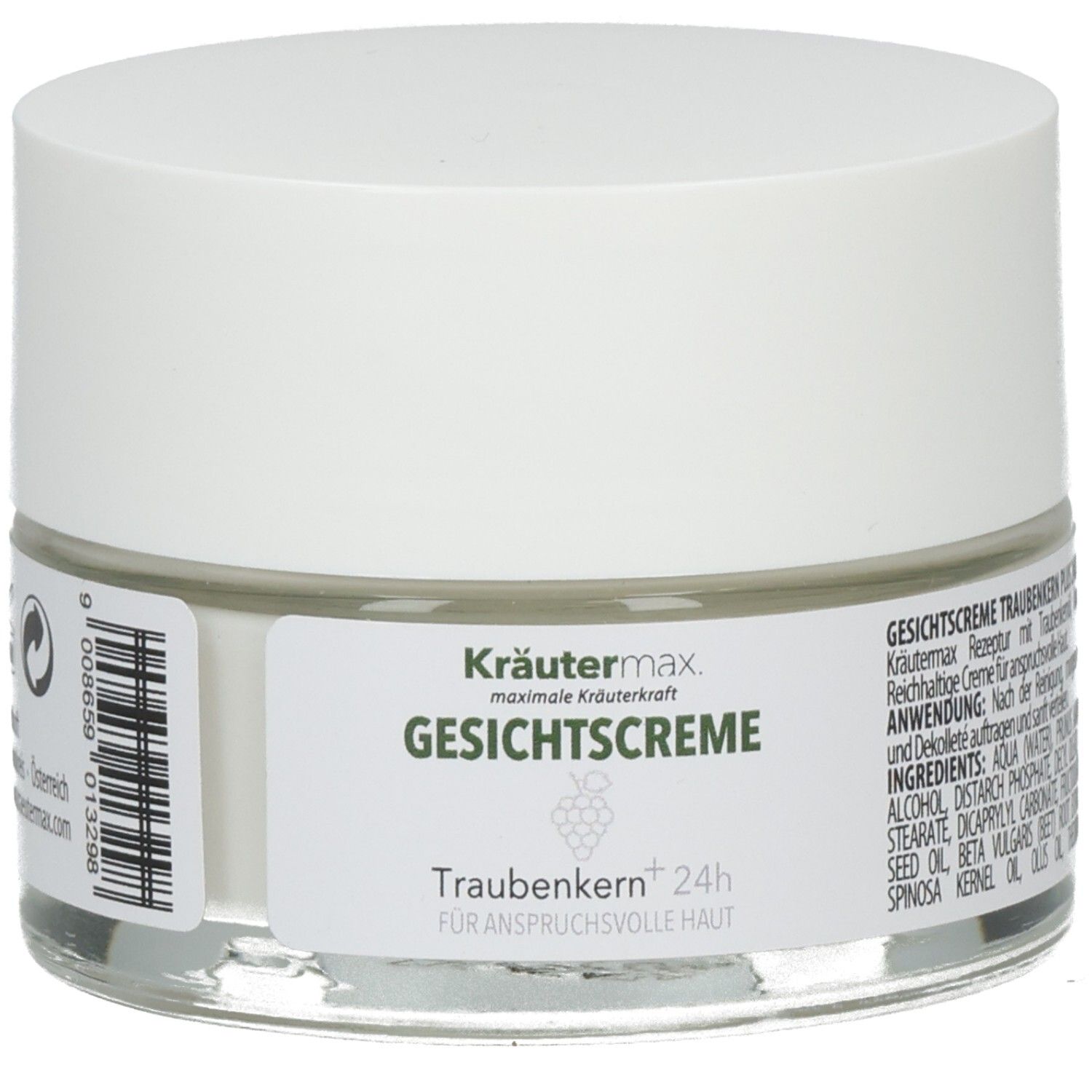 Creme-Glas mit weißem Deckel. Aufschrift: Kräutermax Gesichtscreme, Traubenkern 24h. Für anspruchsvolle Haut.