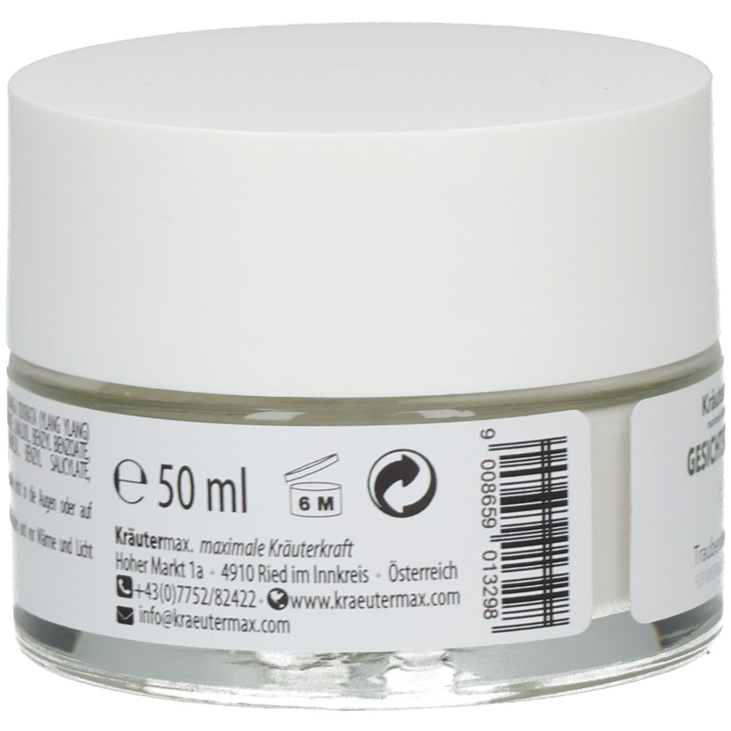 Creme-Glas mit weißem Deckel. Aufschrift: e 50 ml, 6M. Barcode. Text: Kräutermax, Adresse und Kontaktinformationen.