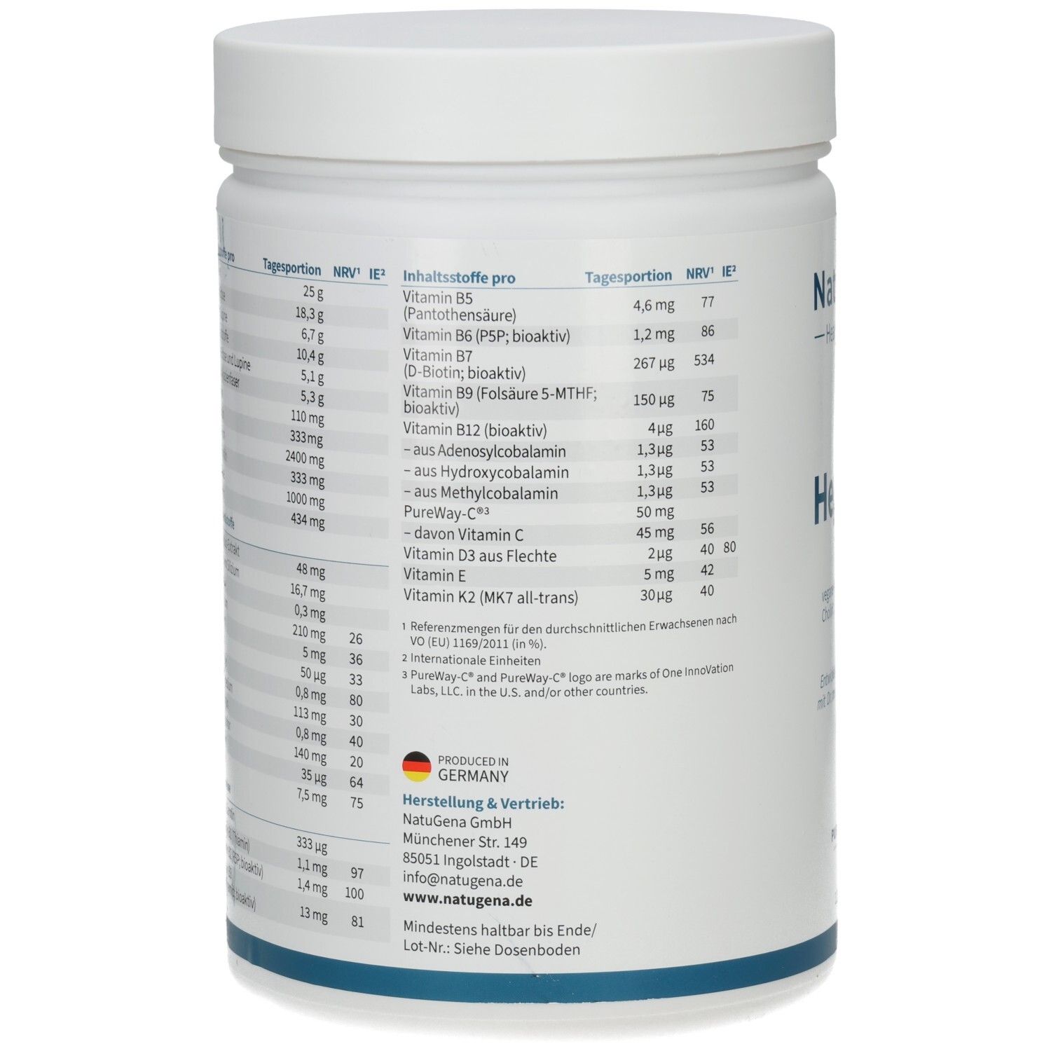 Rückseite des weißen, zylindrischen Produkts. Enthält Nährwertangaben und Informationen zu Inhaltsstoffen. Hergestellt in Deutschland.