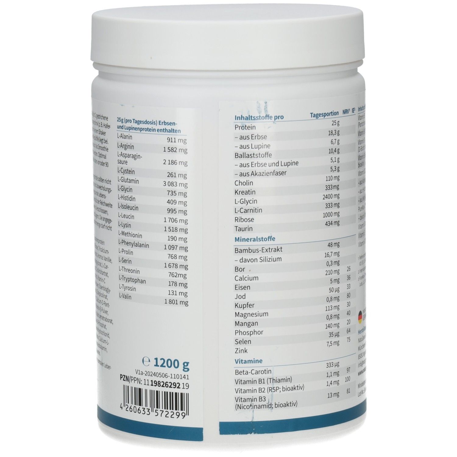 Rückseite des weißen, zylindrischen Produkts. Enthält Nährwertangaben und Informationen zu Inhaltsstoffen. 1200 g.