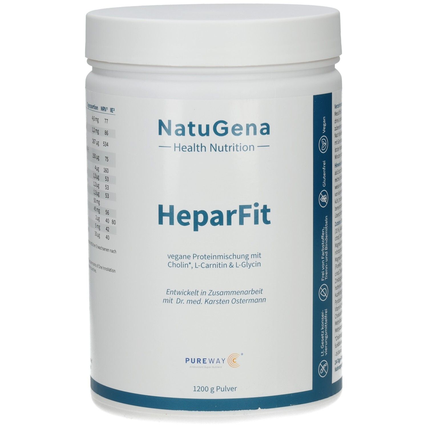 Weißes, zylindrisches Produkt. Aufschrift: NatuGena, HeparFit, vegane Proteinmischung. Vegan-Siegel. 1200 g Pulver.