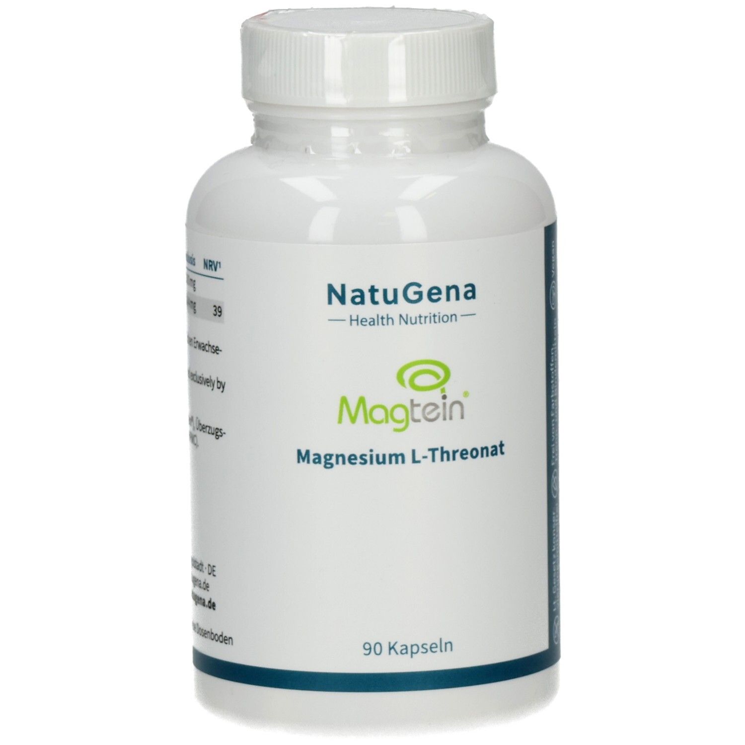Weiße Kapsel-Flasche mit NatuGena Magtein Magnesium L-Threonat Etikett, 90 Kapseln.