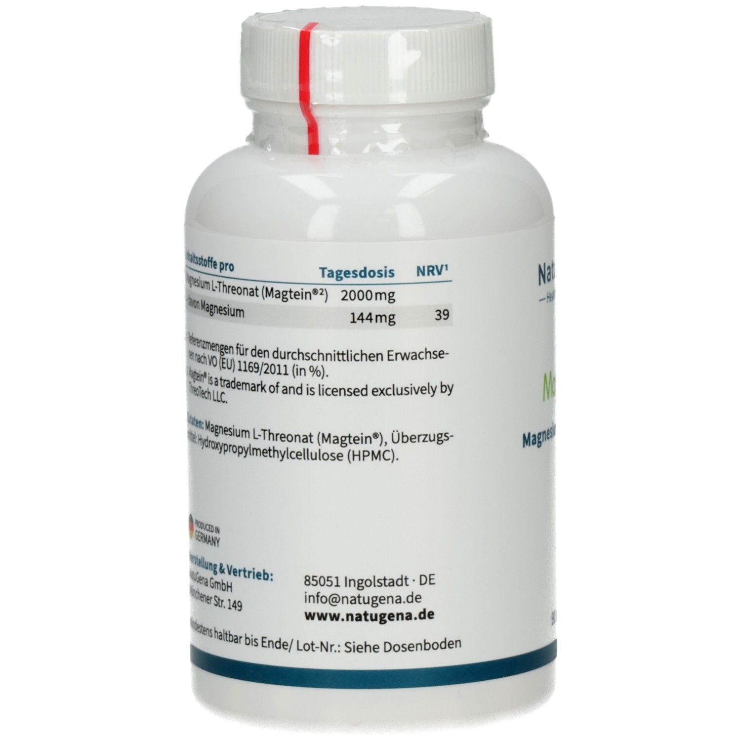 Rückseite einer NatuGena Magtein Magnesium L-Threonat Flasche mit Nährwertangaben und Herstellerinformationen.