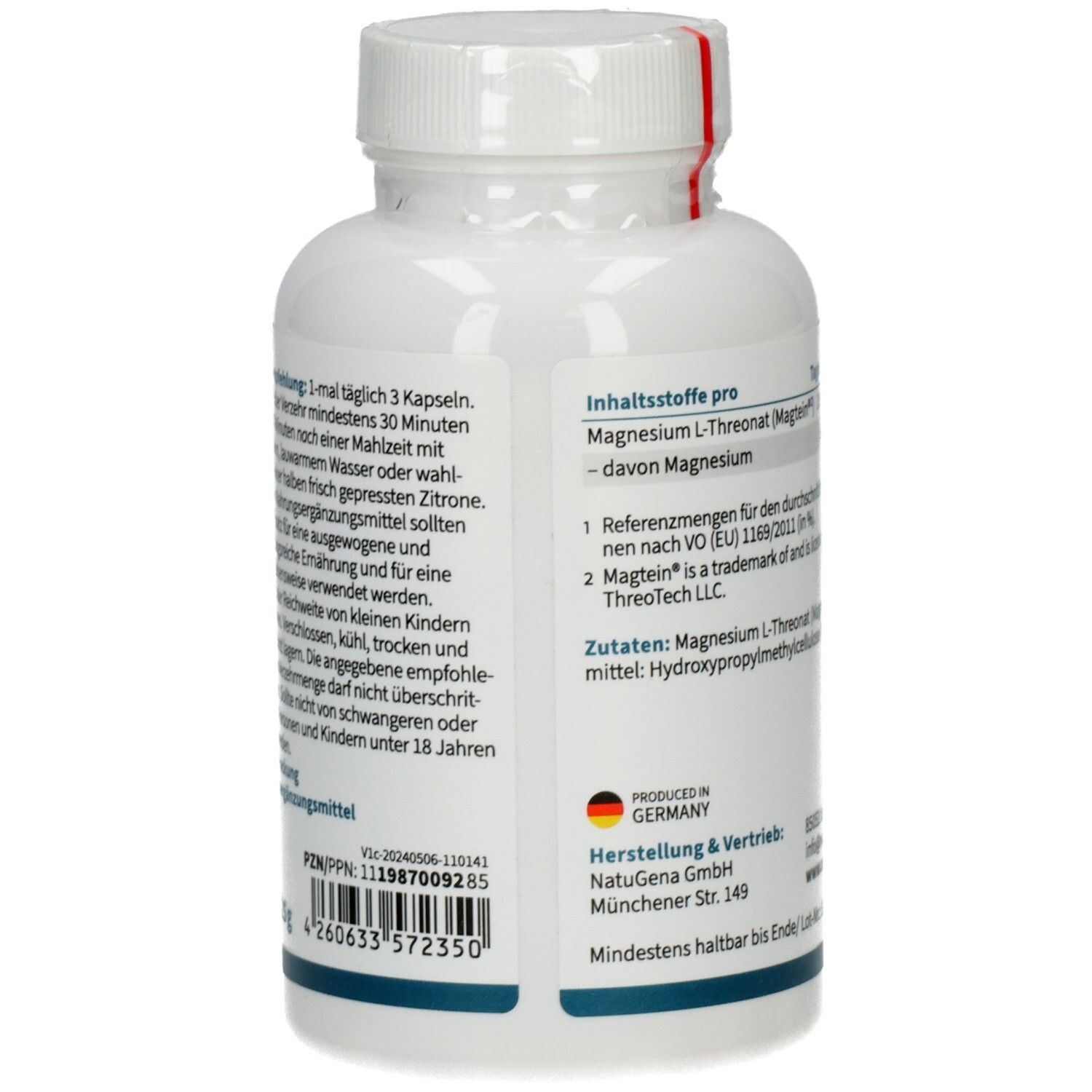 Rückseite einer NatuGena Magtein Magnesium L-Threonat Flasche mit detaillierten Inhaltsstoffen und Herstellungsland Deutschland.